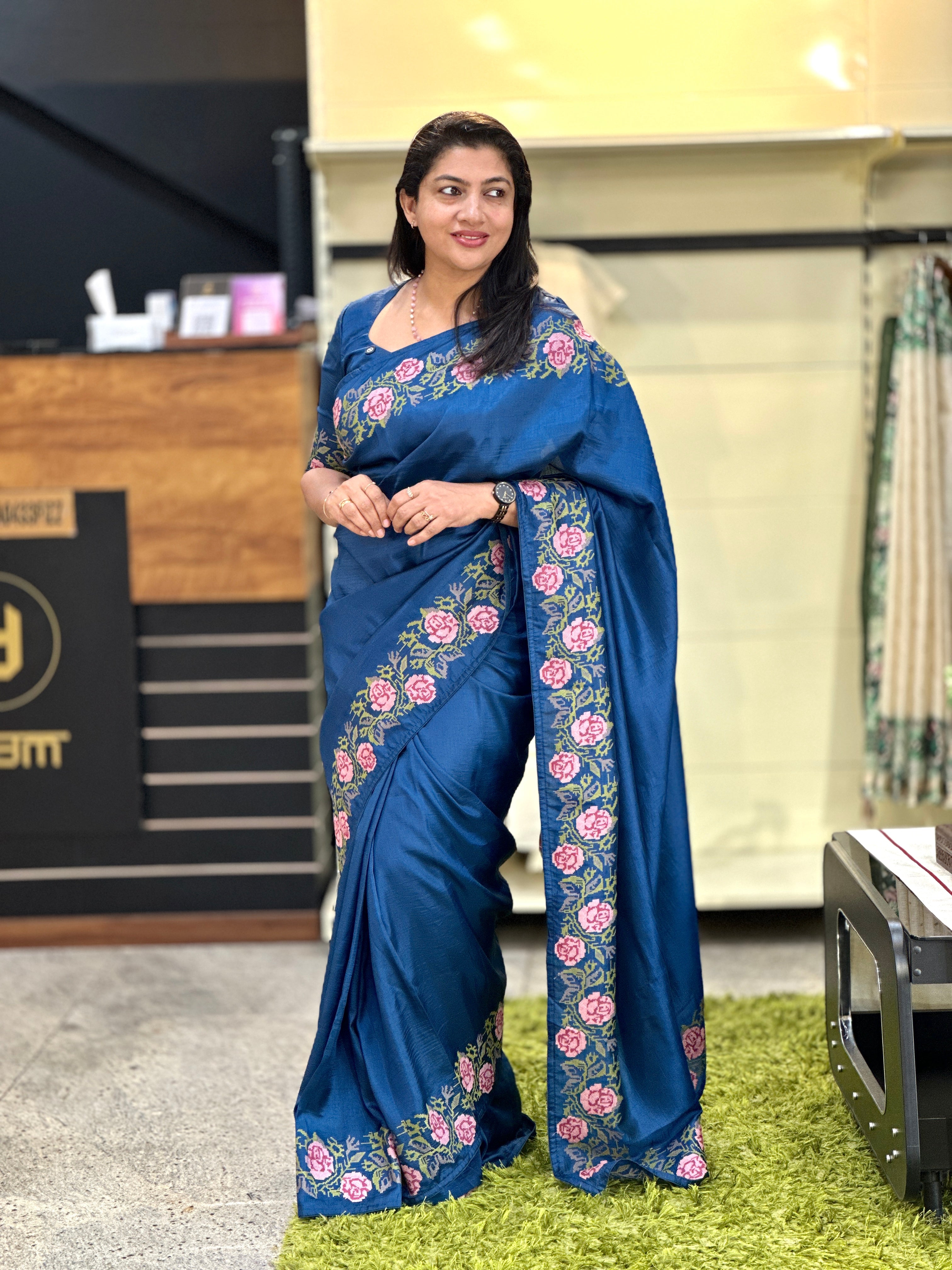 Cross Stitch Floral Embroidery Pattern Semi Tussar Saree | SUN780