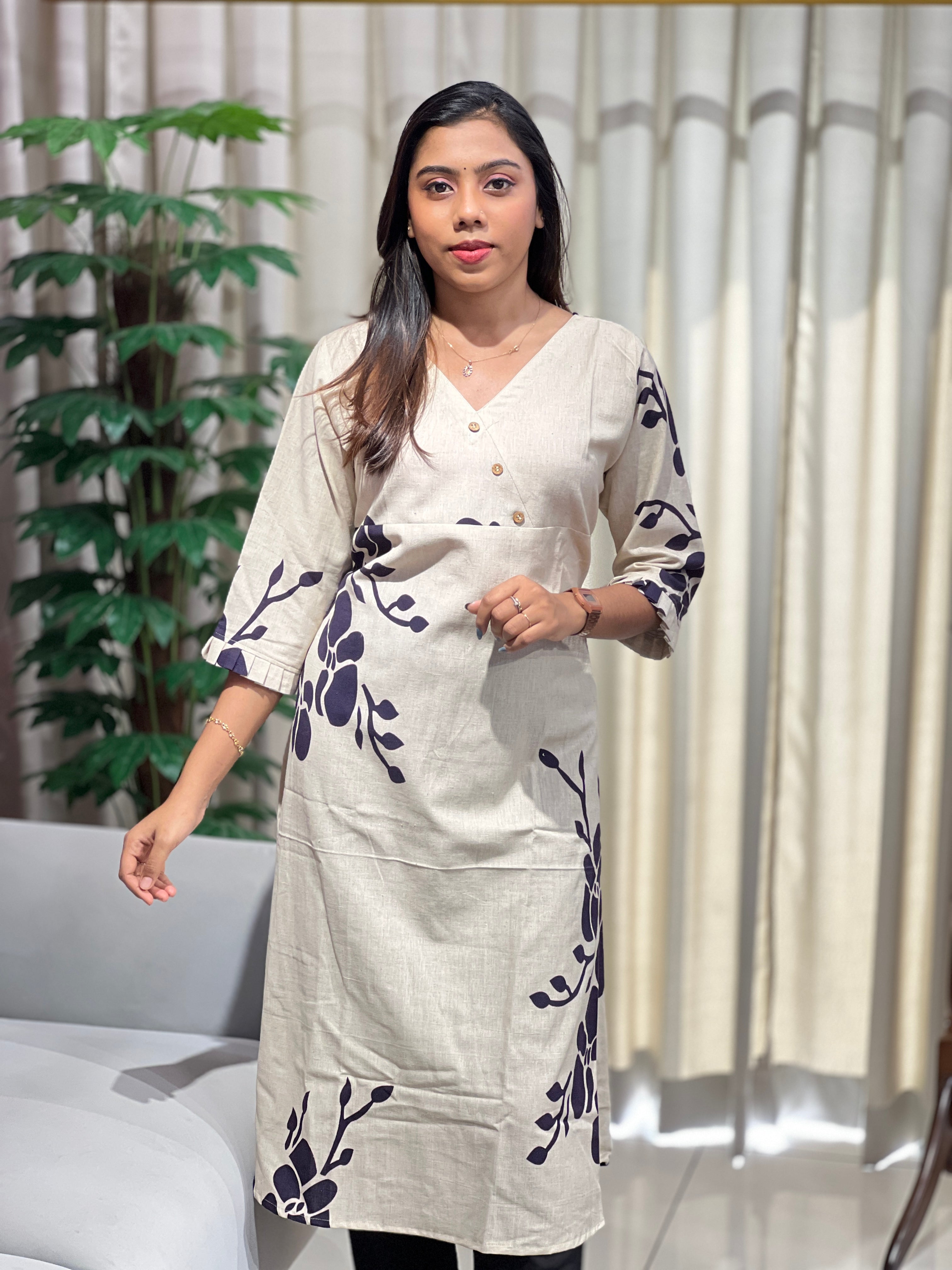 Floral Printed Semi Linen Kurta | RMLA290