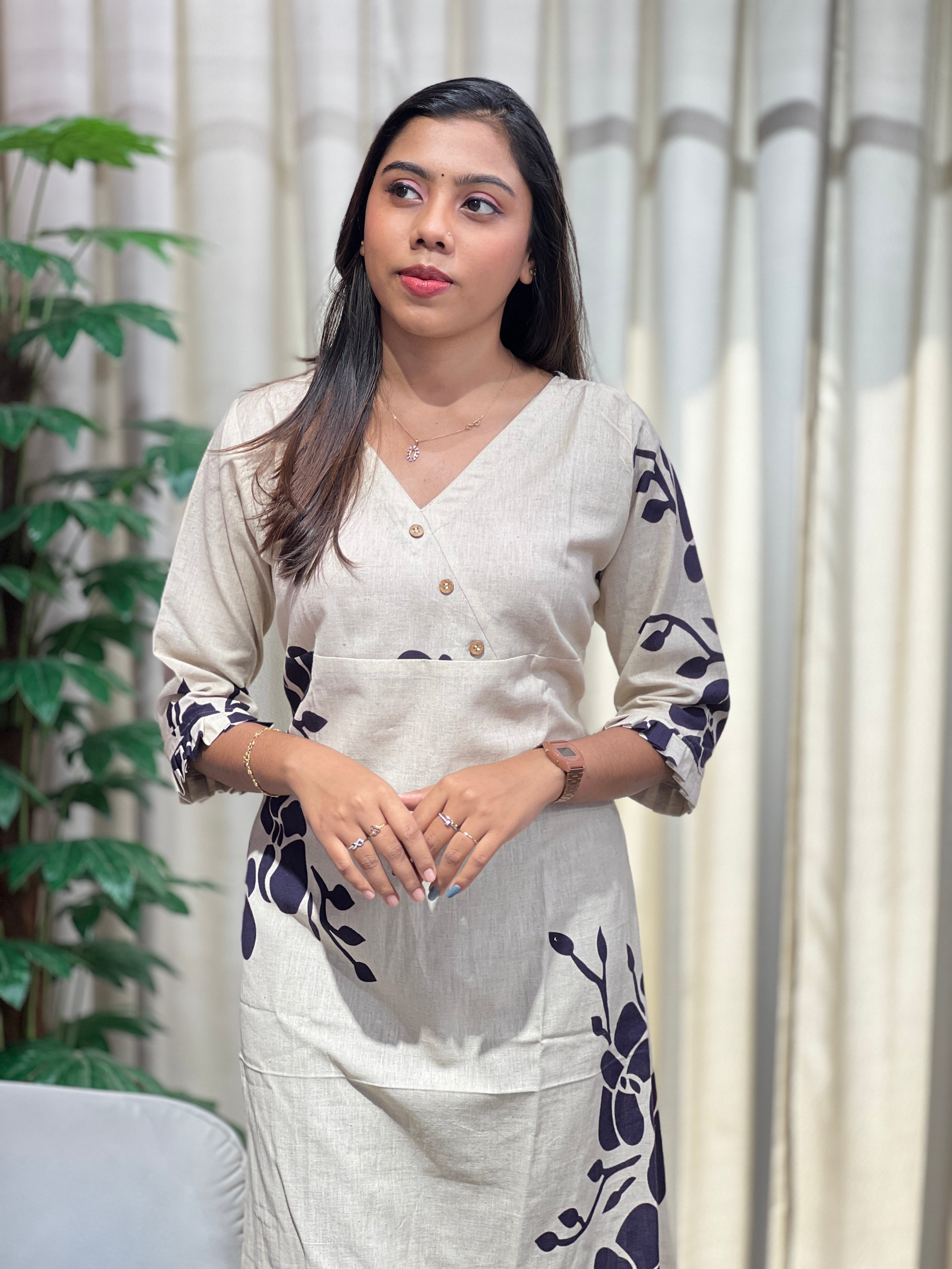 Floral Printed Semi Linen Kurta | RMLA290