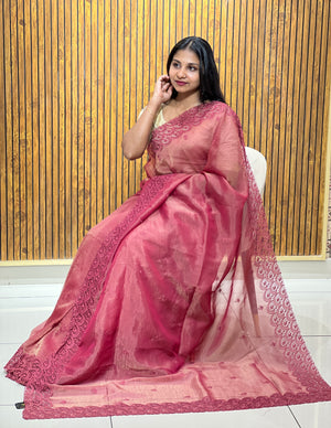 Cutwork Border Detailed Crushed Organza Saree | SBP560