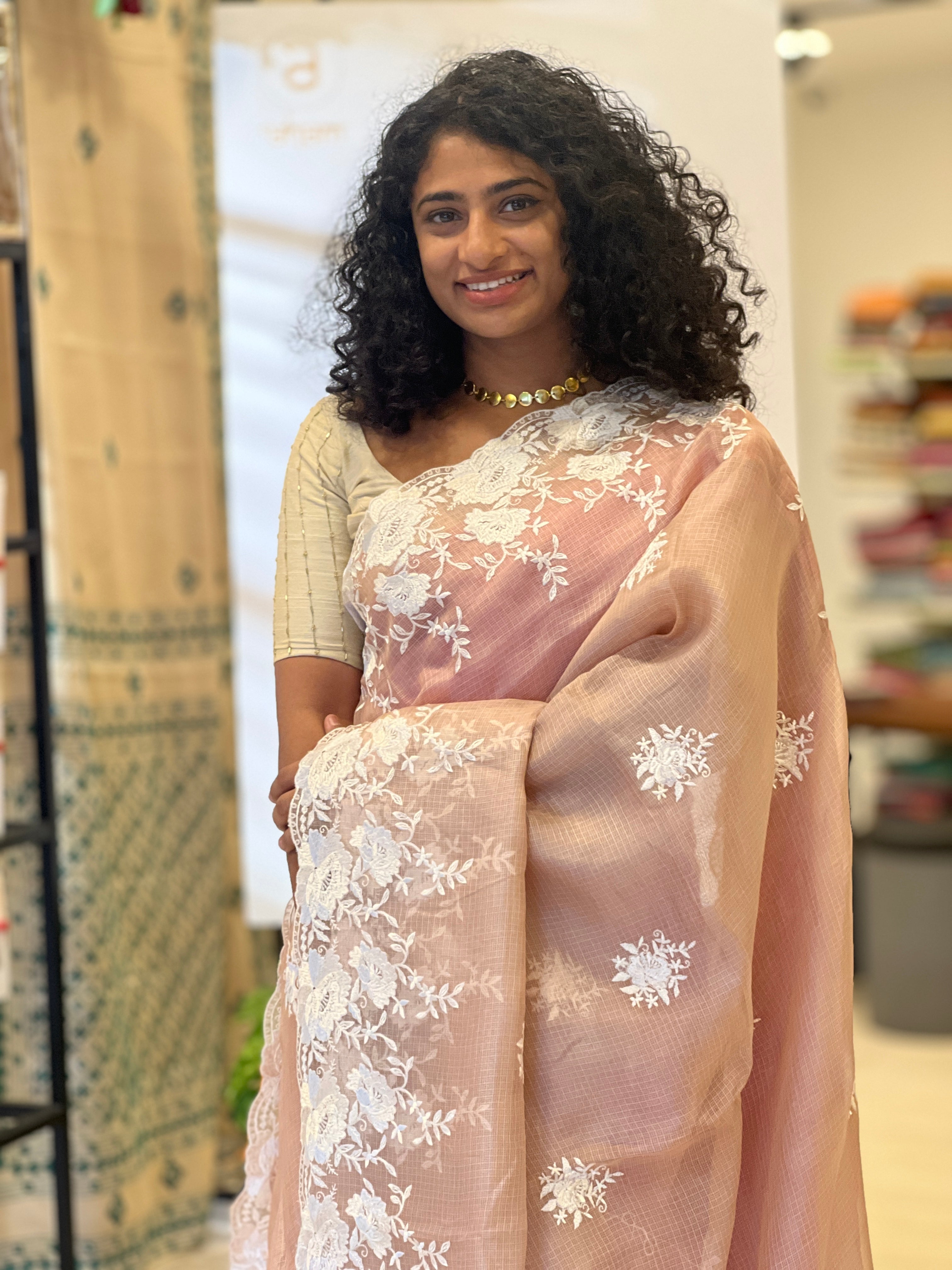 Floral Machine Embroidery Design Tussar Kota Saree | SBS669