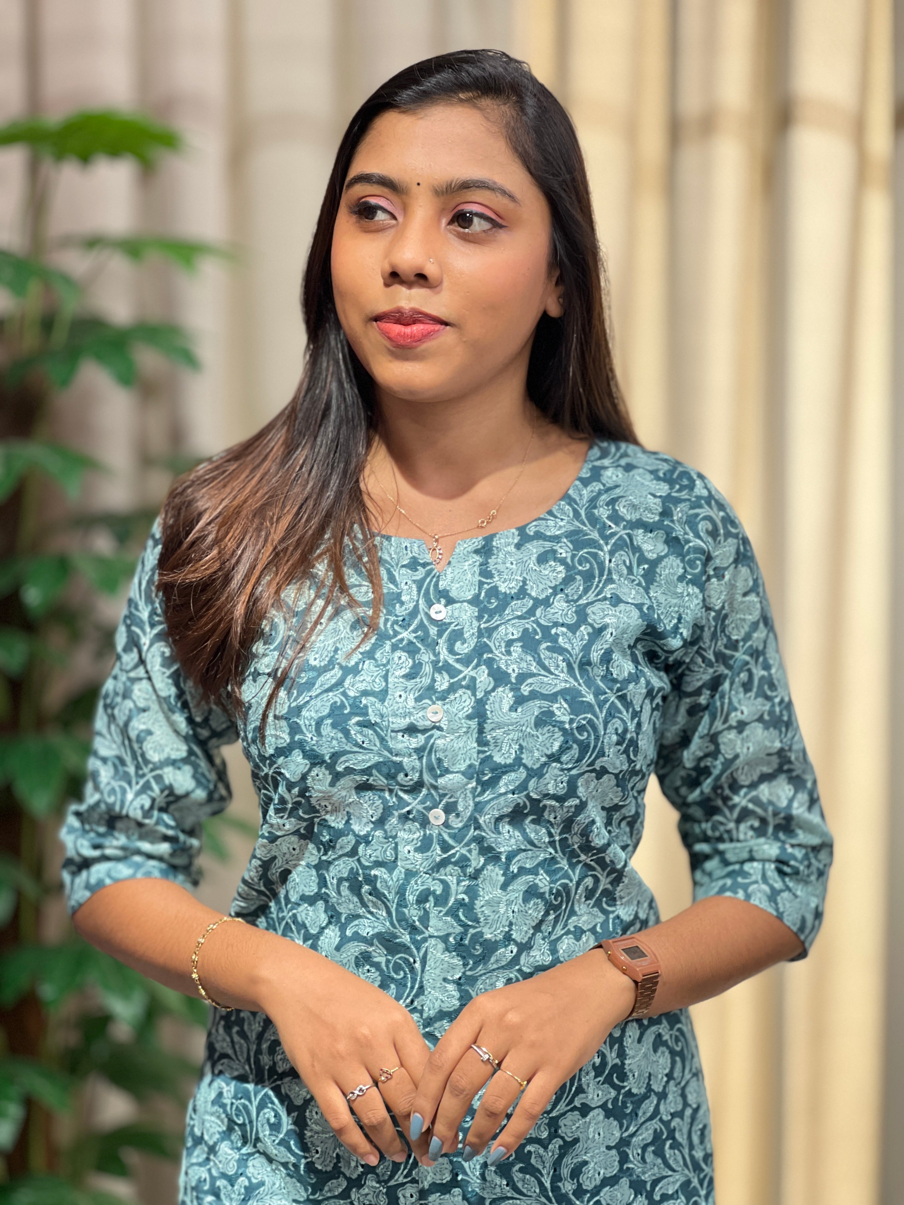 Floral Print With Schiffli Patterned Cotton Kurta | RMLA293