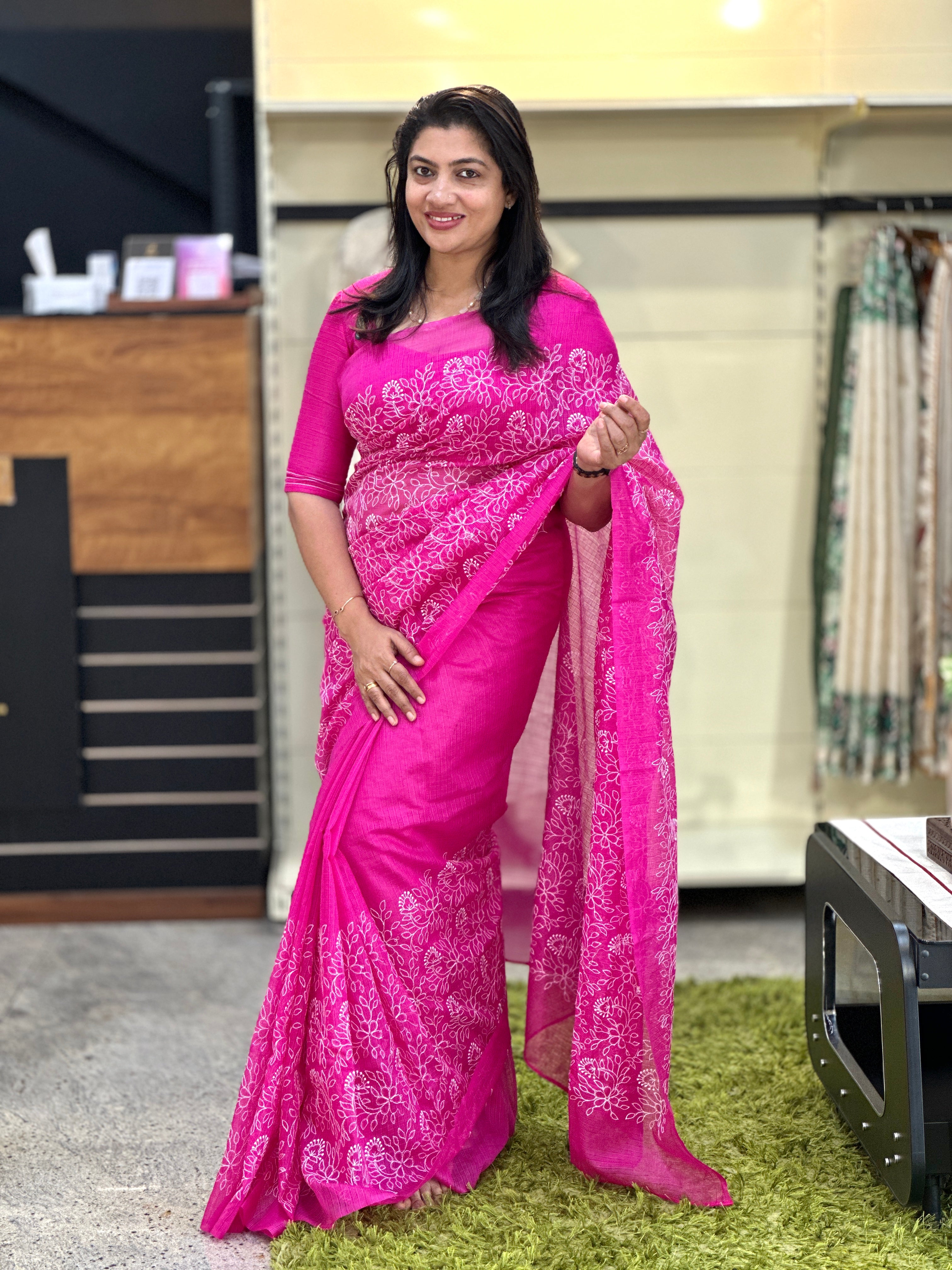 Lucknowi Inspired Thread Embroidery Detailed Kota Saree | NHH603