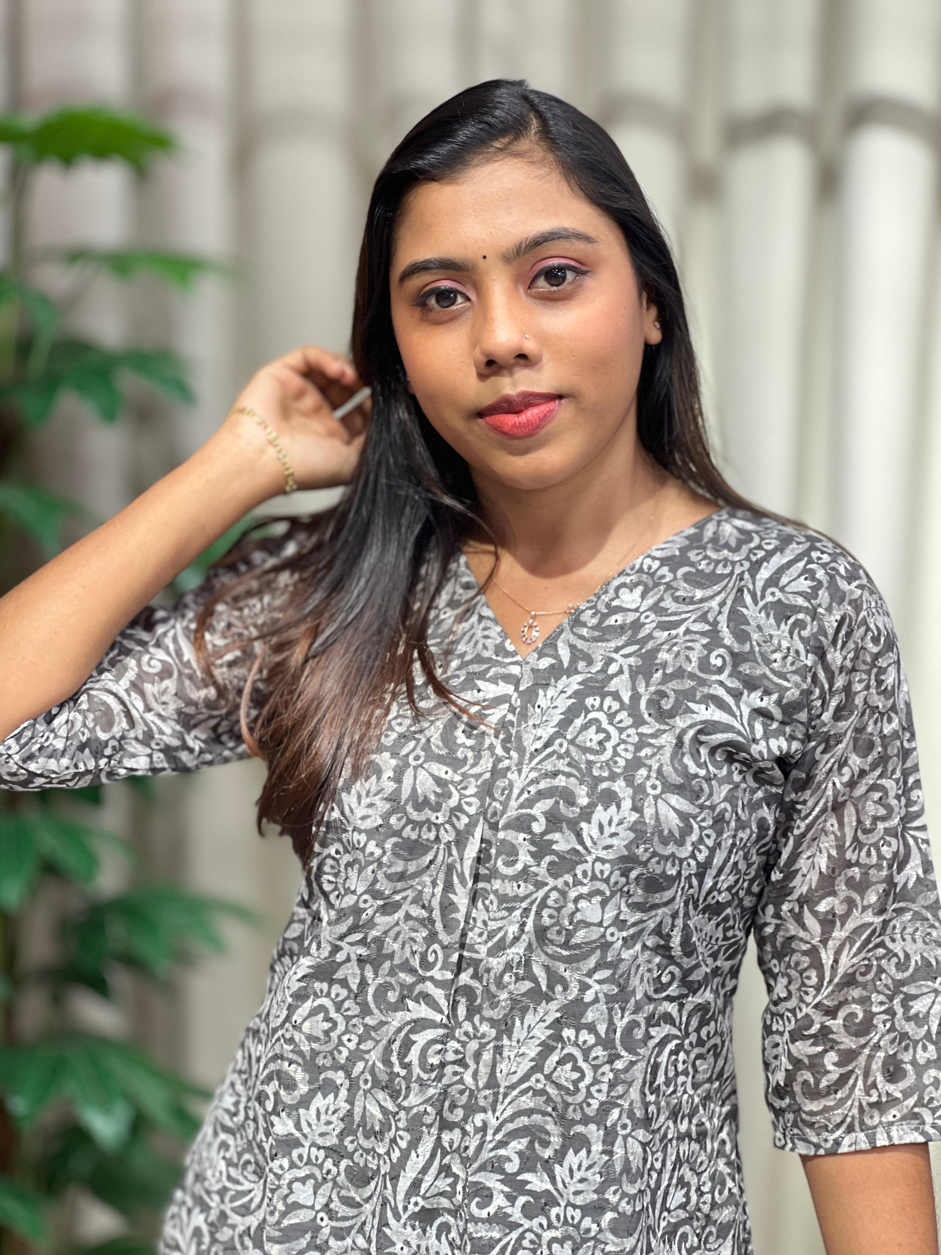 Floral Print With Schiffli Patterned Cotton Kurta | RMLA286