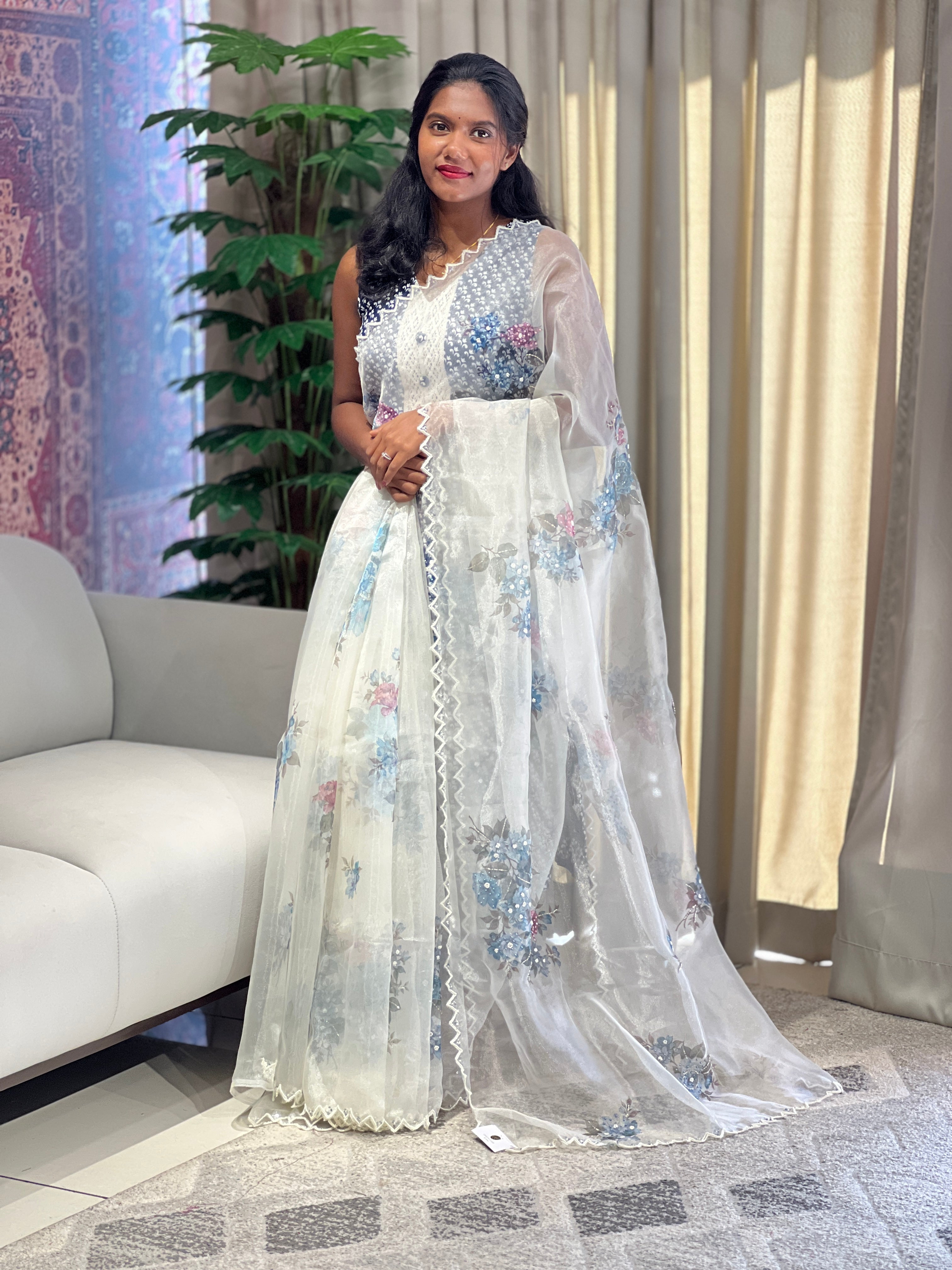 Floral Digital Print With Beads Highlighted Glass Organza Saree | BLD1773