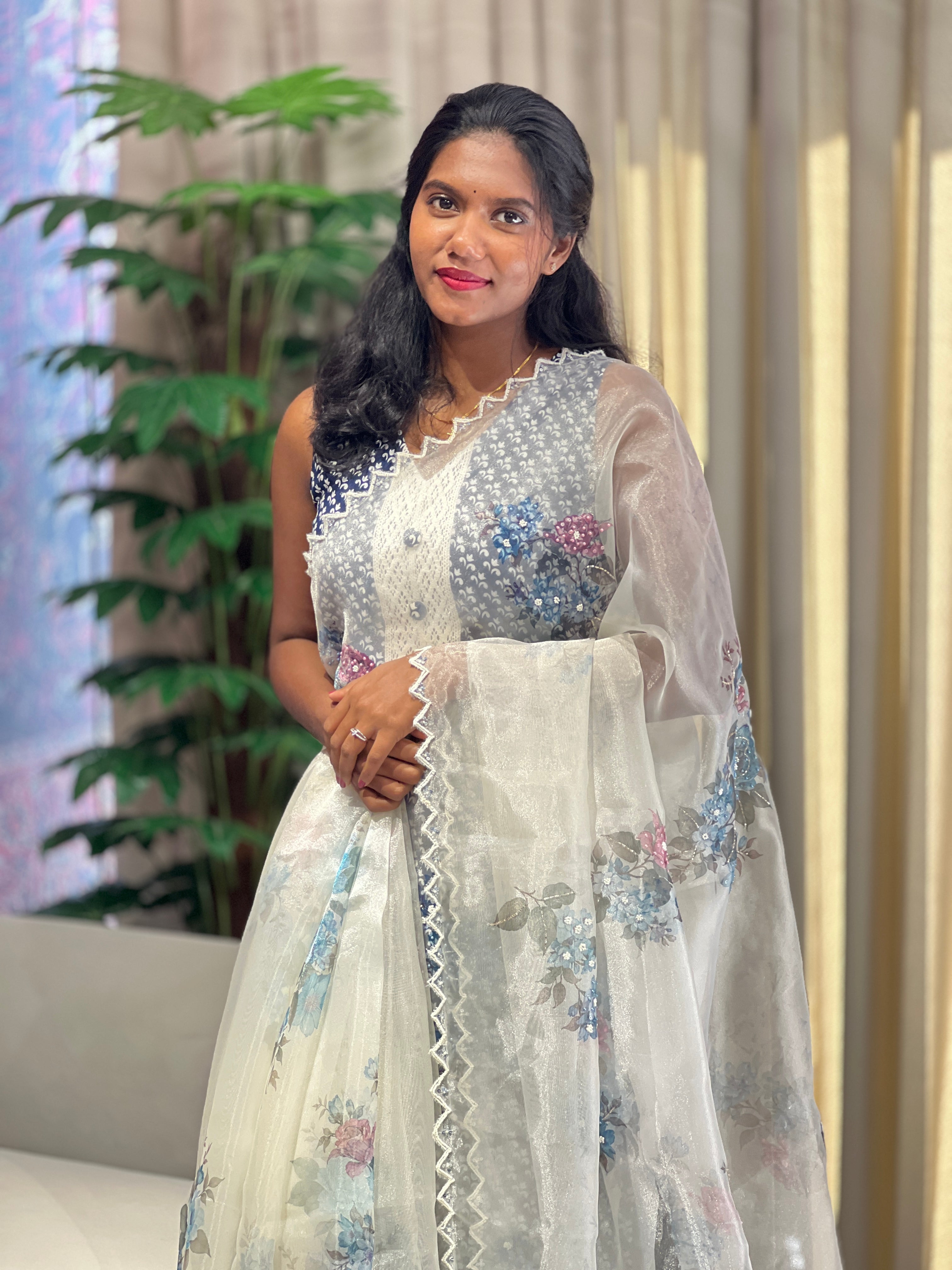 Floral Digital Print With Beads Highlighted Glass Organza Saree | BLD1773