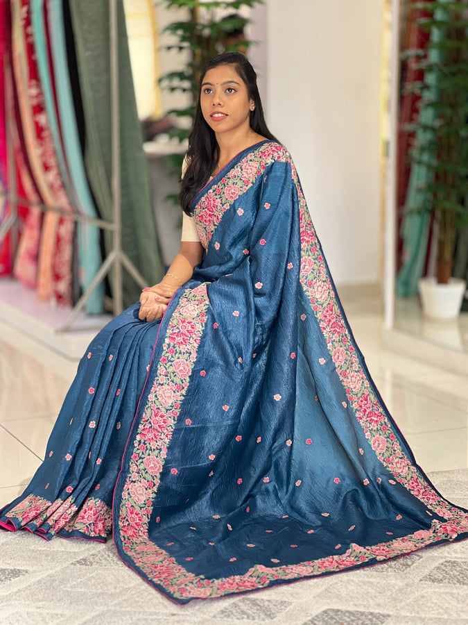 Multi-Color Floral Embroidered Crushed Viscose Saree | SUN263