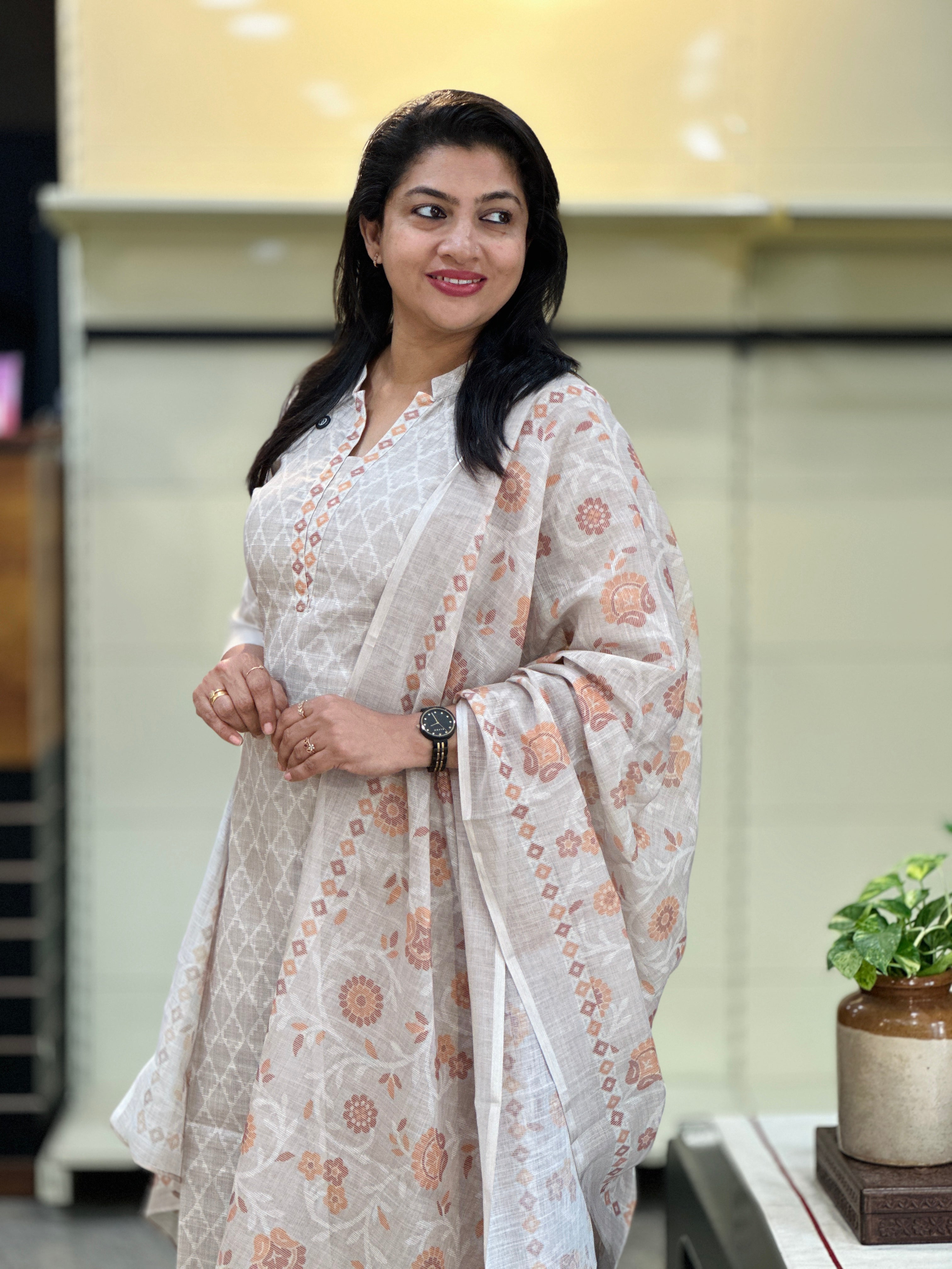 Jamdani Pattern Digital Printed Slub Linen Cotton Salwar Set | SSN513