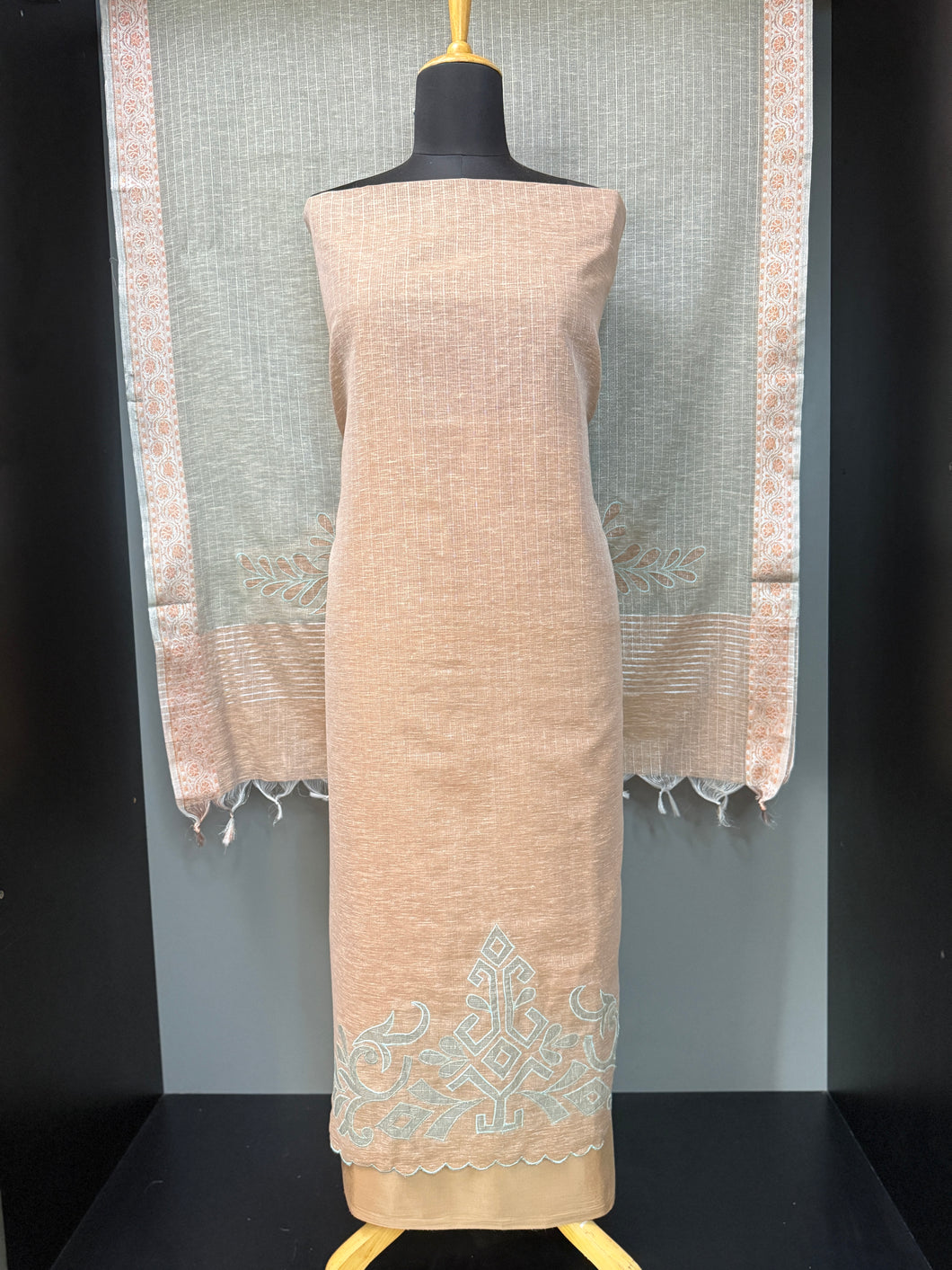 Stripe With Applique Work Detailed Linen Salwar Set | SBP628