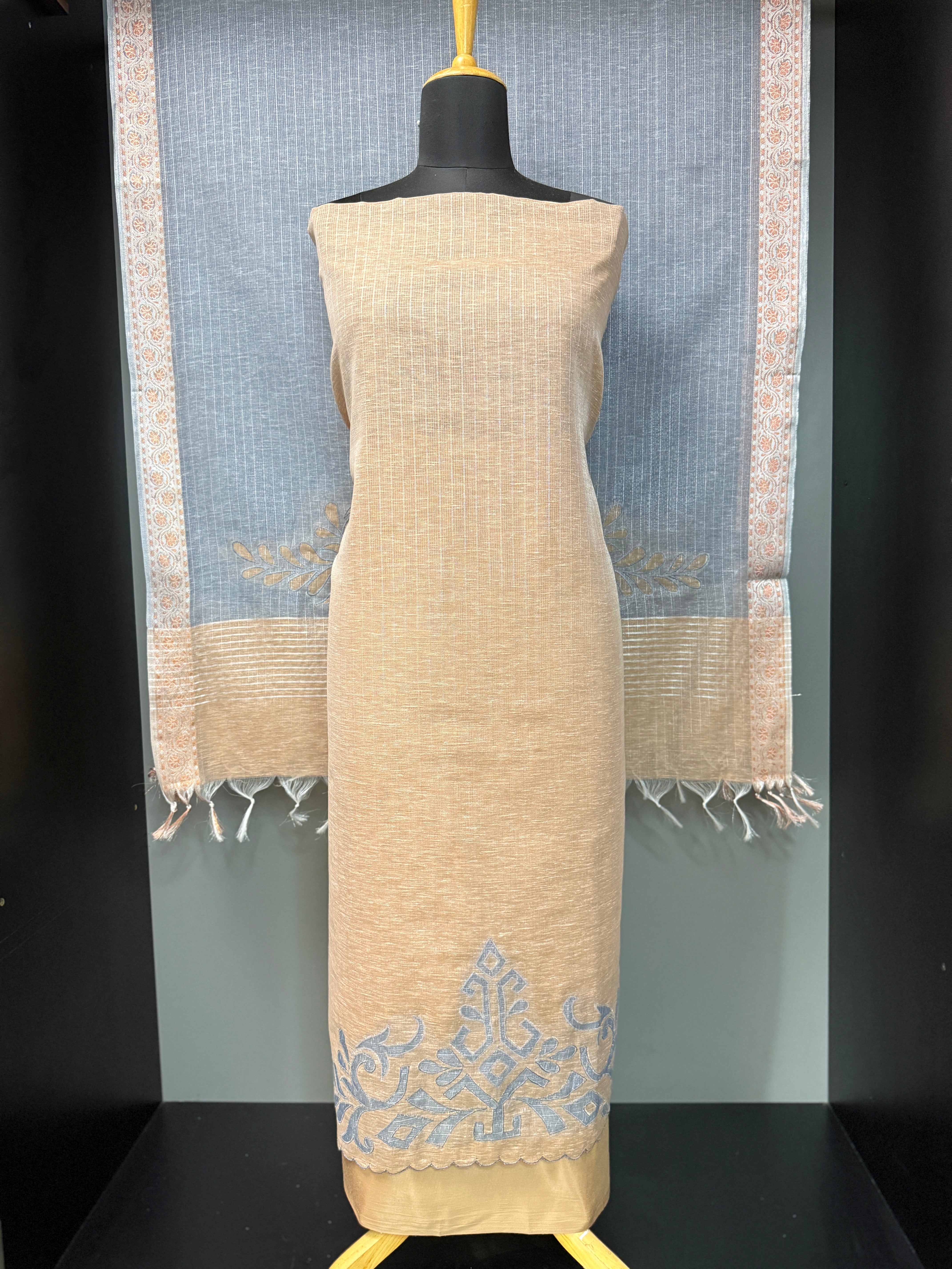 Stripe With Applique Work Detailed Linen Salwar Set | SBP629
