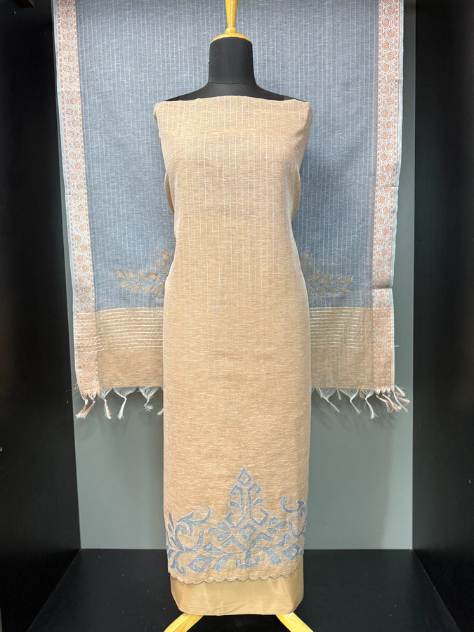 Stripe With Applique Work Detailed Linen Salwar Set | SBP629