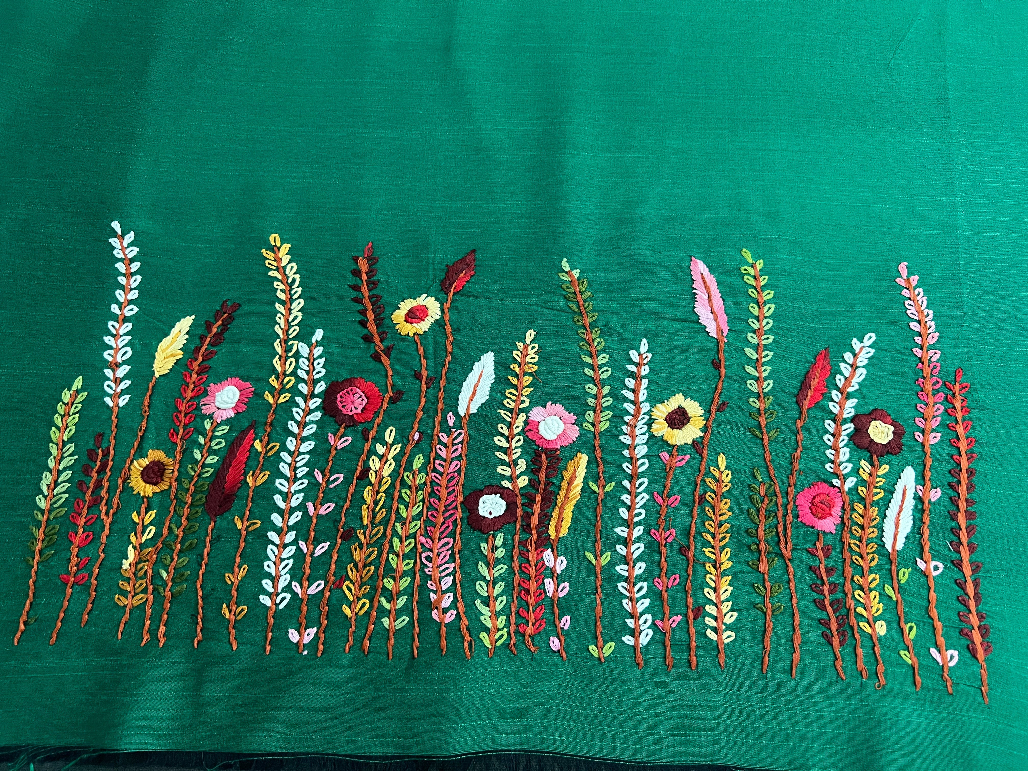 Multicolour Floral Hand Embroidery Detailed Raw Silk Blouse Material | OS479