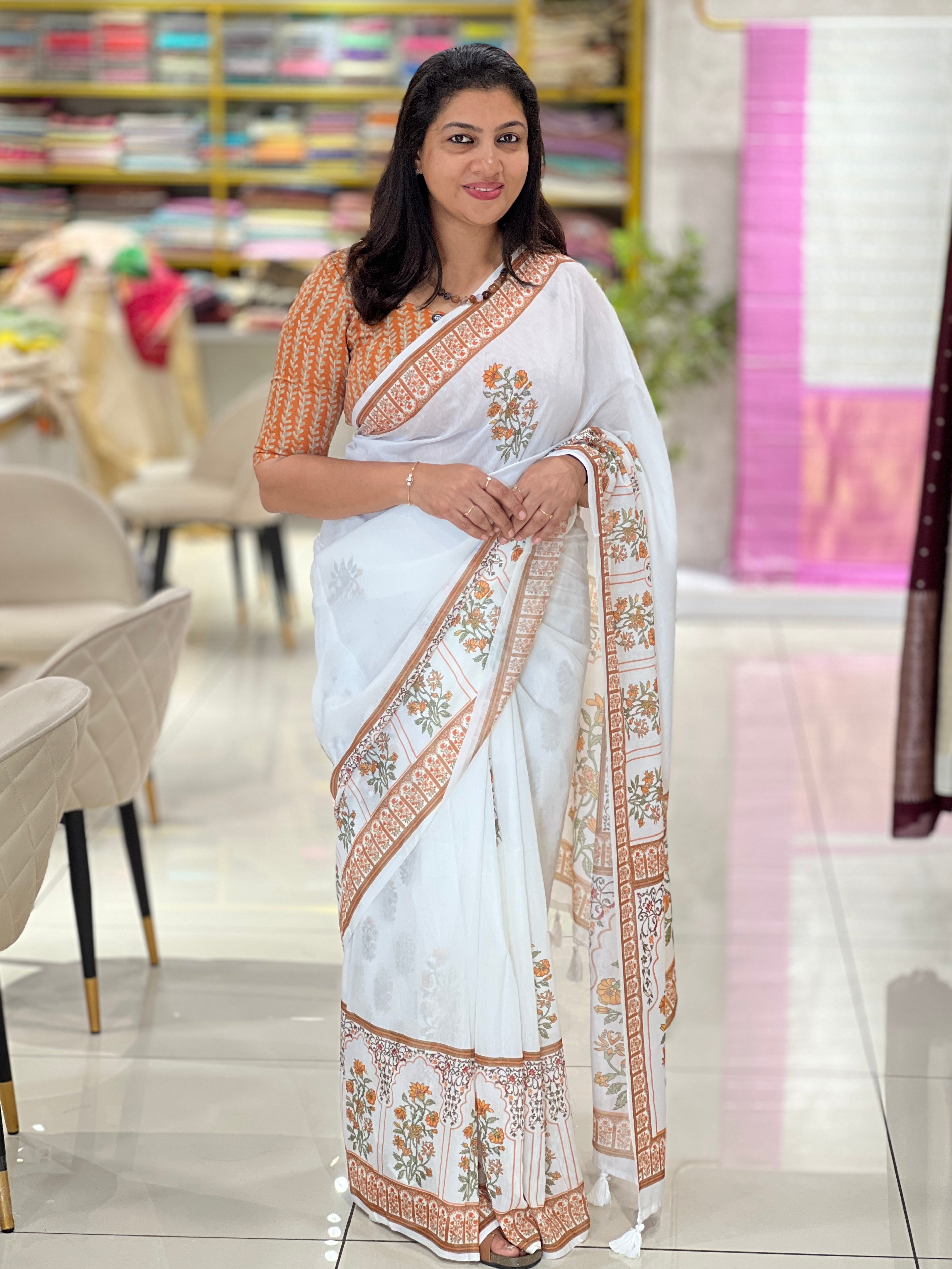 Floral Digital Printed Mul Chanderi Saree | HT296