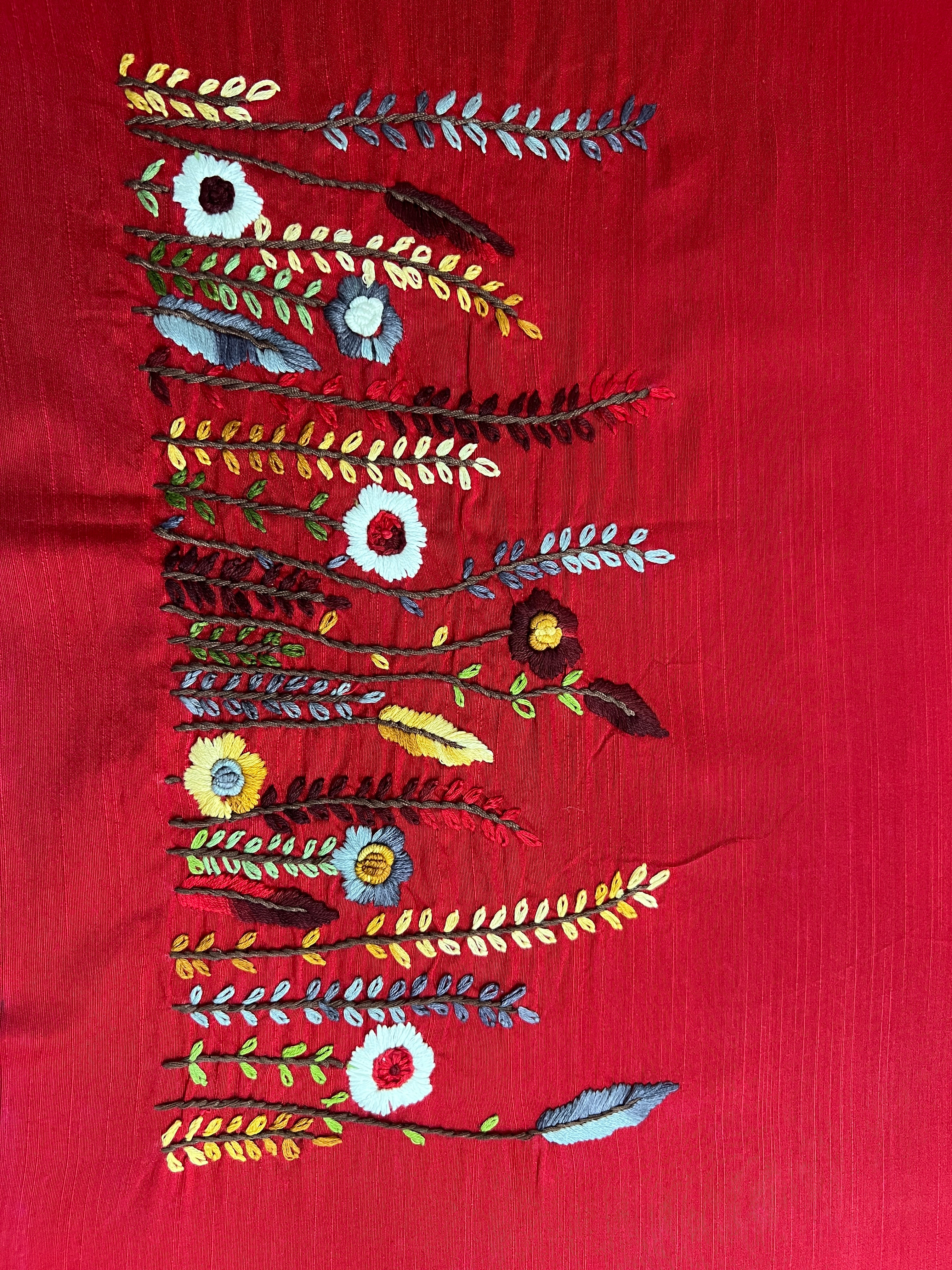 Multicolour Floral Hand Embroidery Detailed Raw Silk Blouse Material | OS480