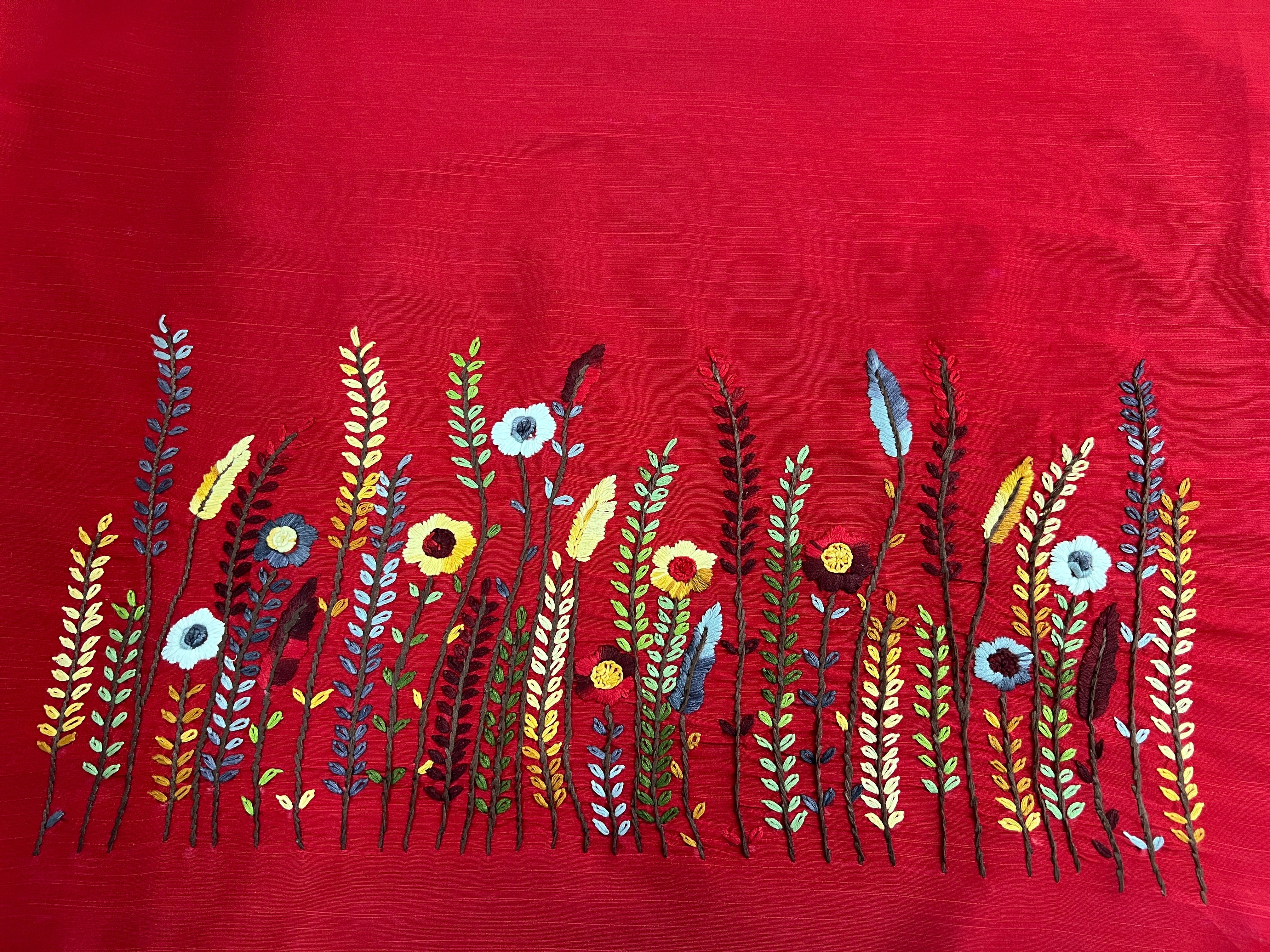 Multicolour Floral Hand Embroidery Detailed Raw Silk Blouse Material | OS480