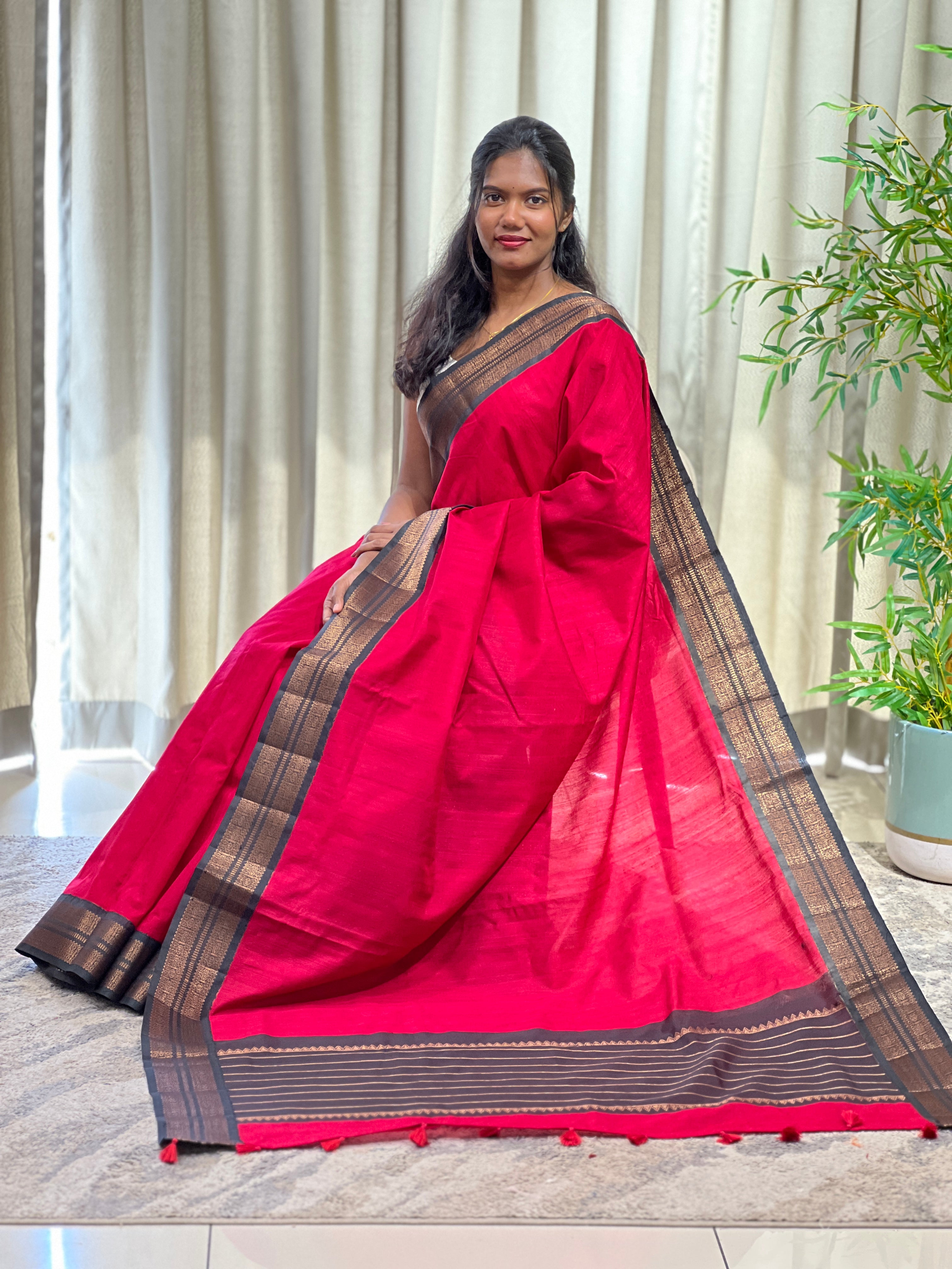 Solid Patterned Zari Border Cotton Saree | YNG1639