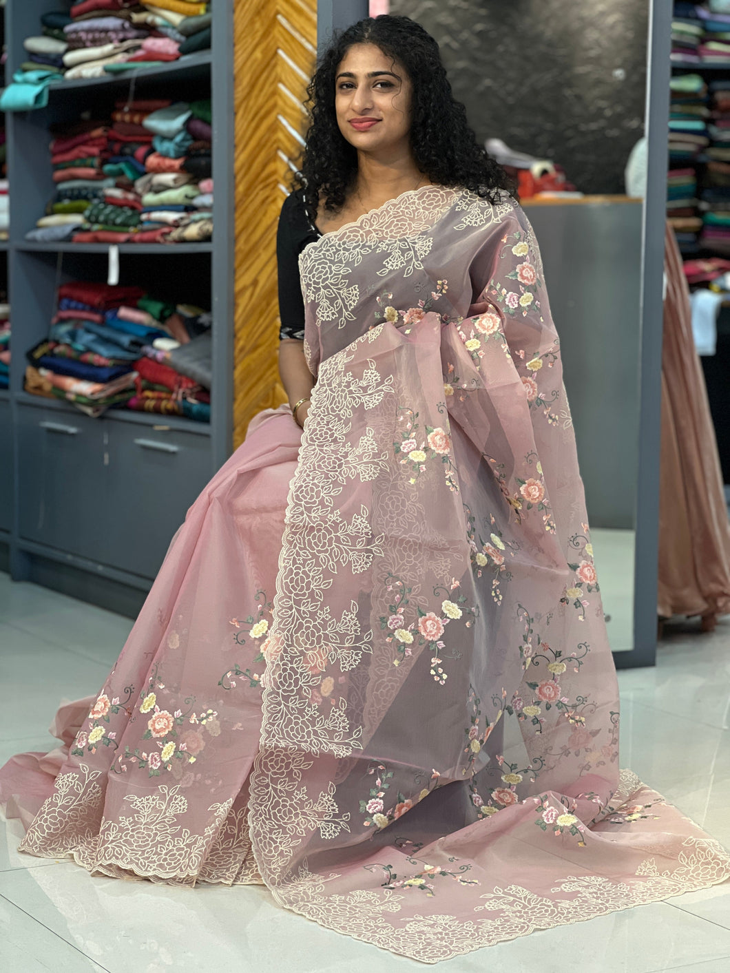Point Embroidery Border Viscose Organza Saree | BLD385