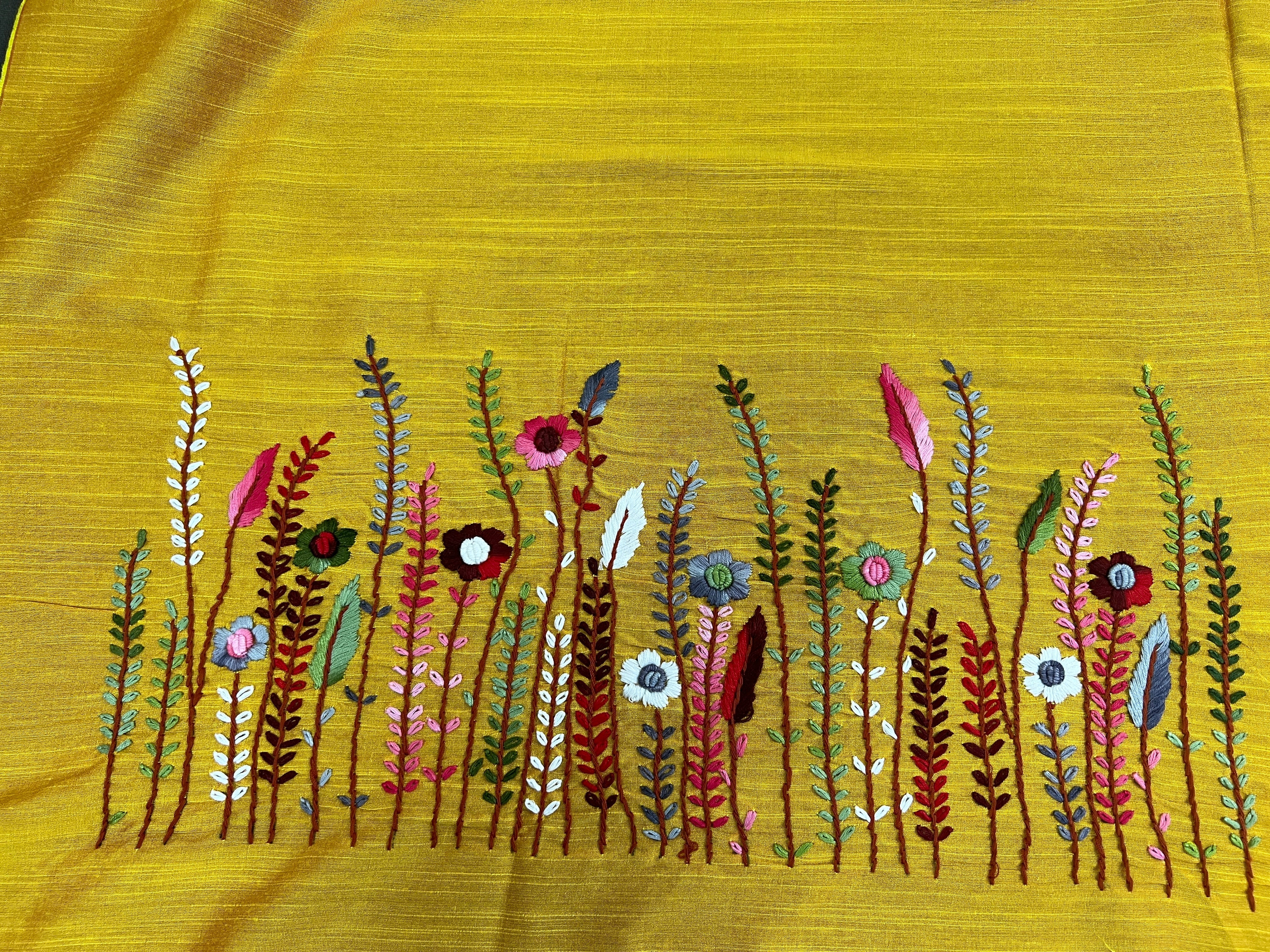 Multicolour Floral Hand Embroidery Detailed Raw Silk Blouse Material | OS482