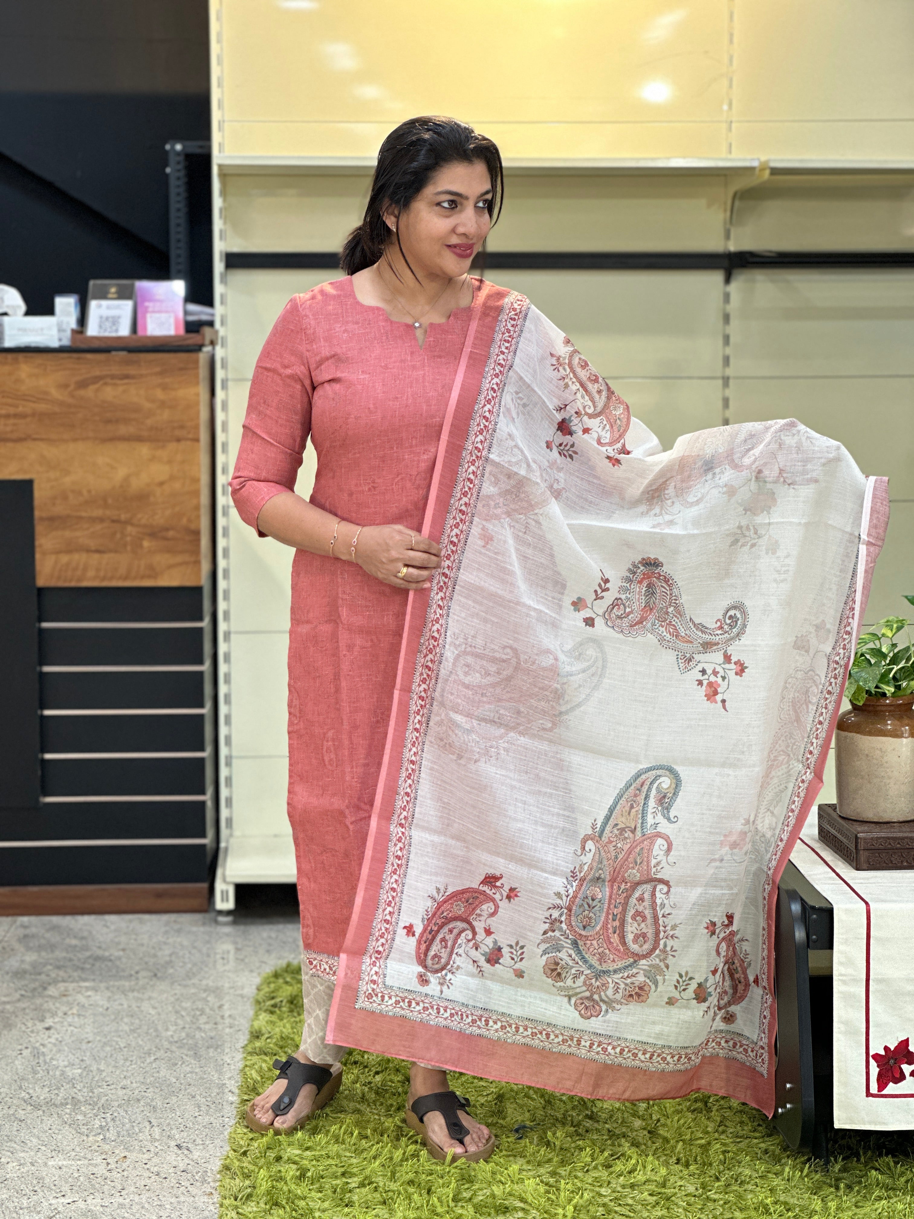 Negative Printed Detailed Slub Linen Unstitched Salwar Set | SSN504