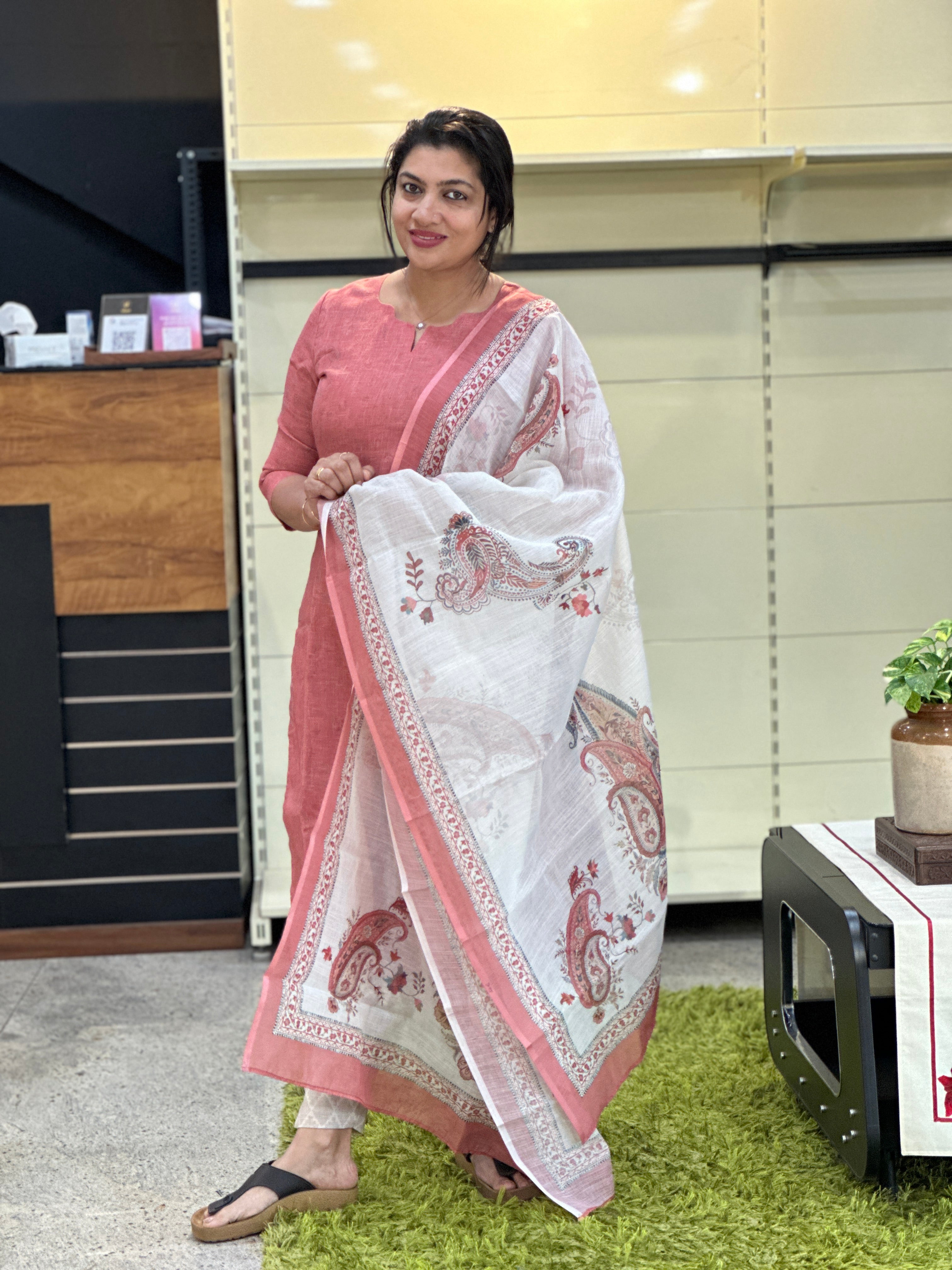 Negative Printed Detailed Slub Linen Unstitched Salwar Set | SSN504