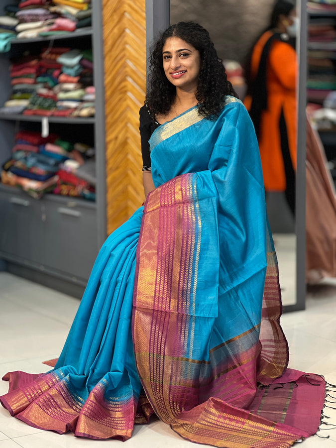 Blue Color Bhagalpuri Linen Saree | SK308