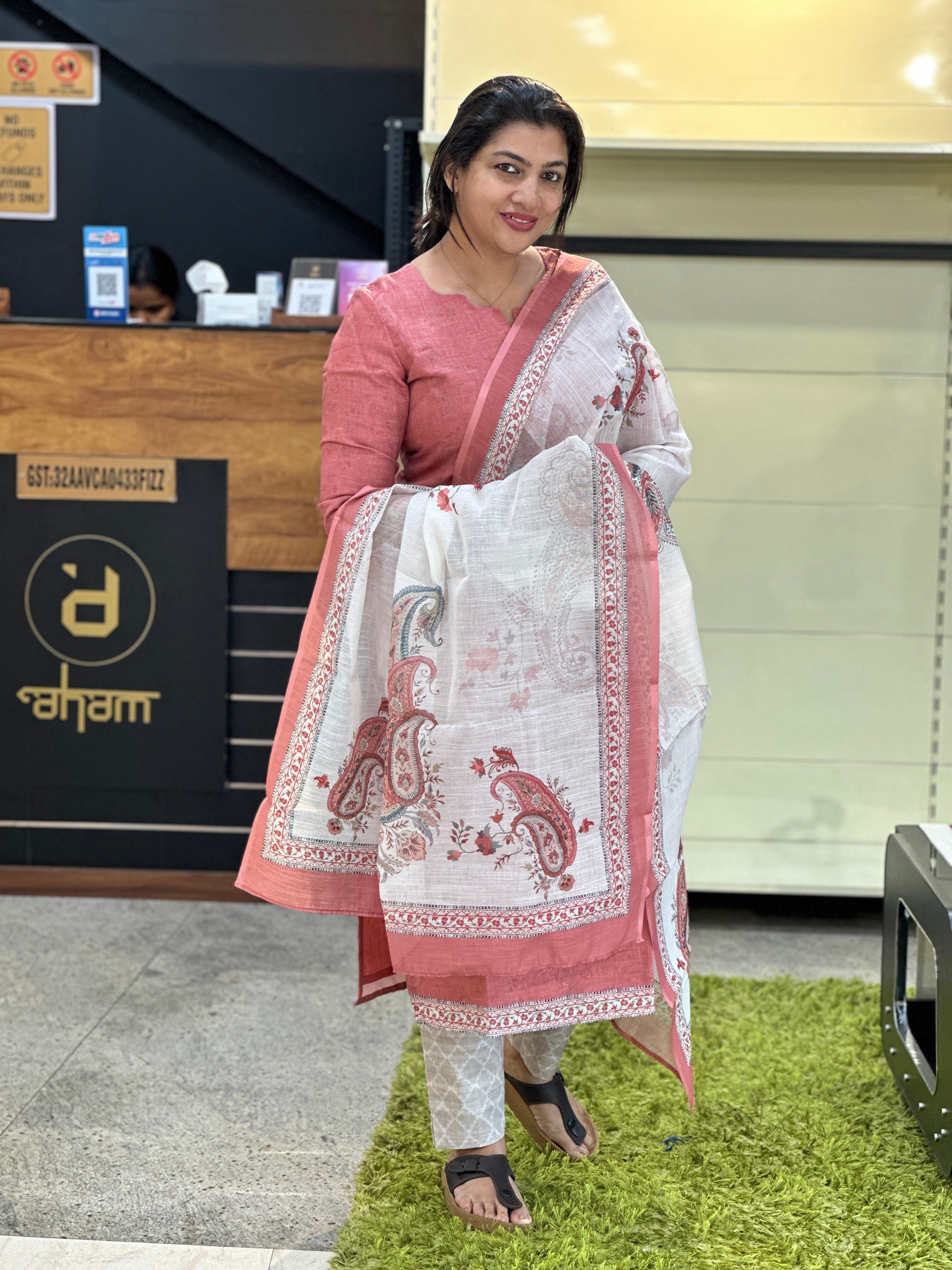 Negative Printed Detailed Slub Linen Unstitched Salwar Set | SSN504