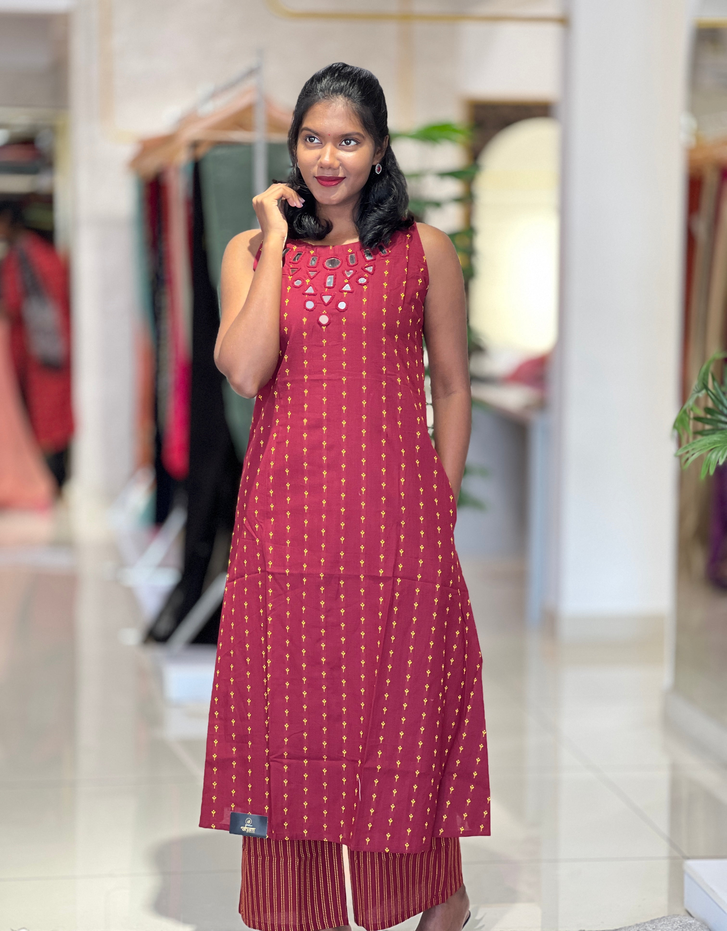 Hand Embroidery Mirror Detailed Cotton Kurta Top & Bottom | SJL110