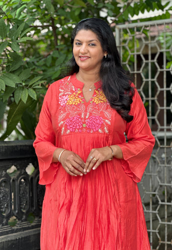 Floral Embroidered Chanderi Finish A-Line Kurta | OS468