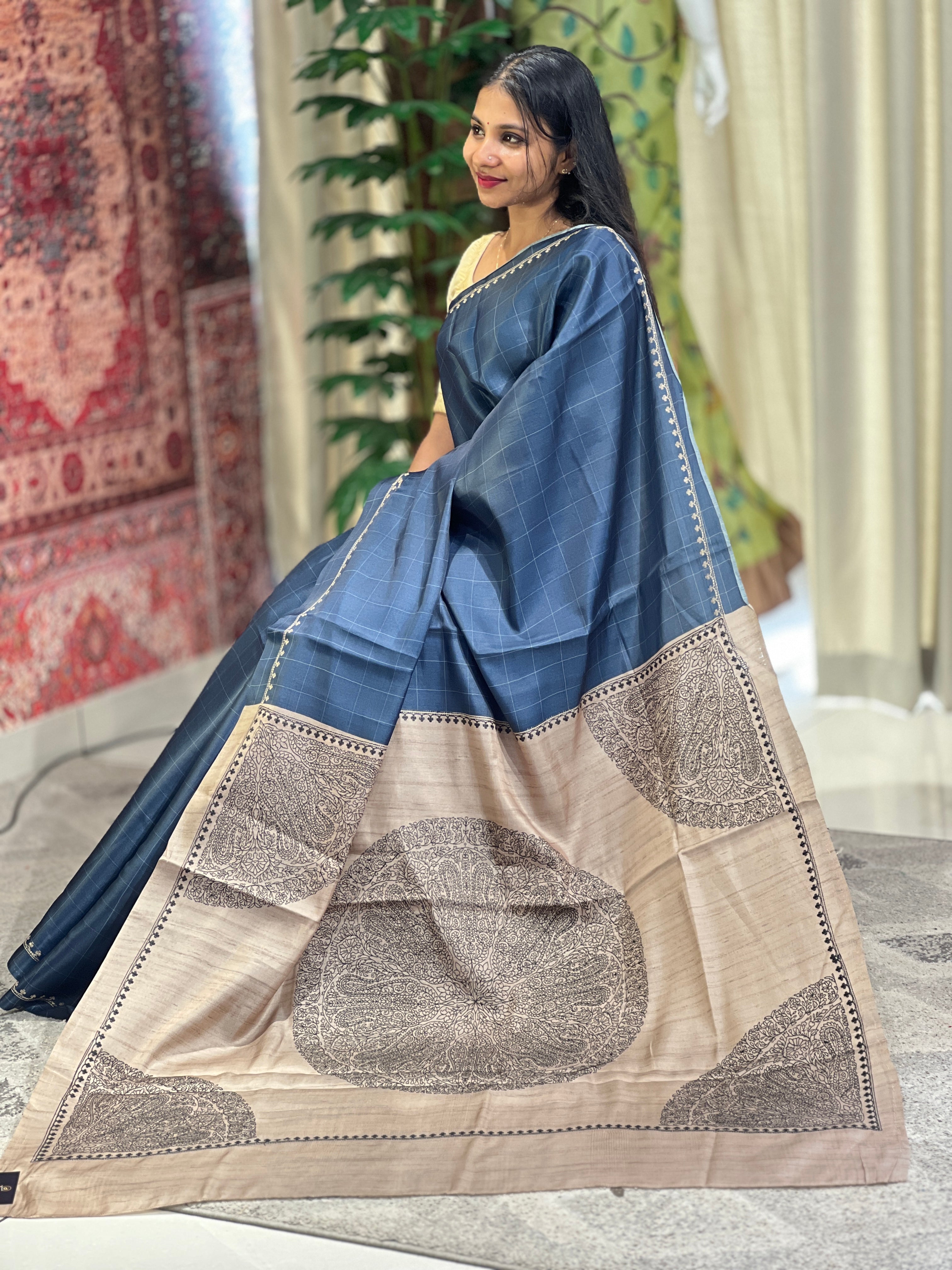 Print With Thread Embroidery Detailed Semi Tussar Saree | SUN313