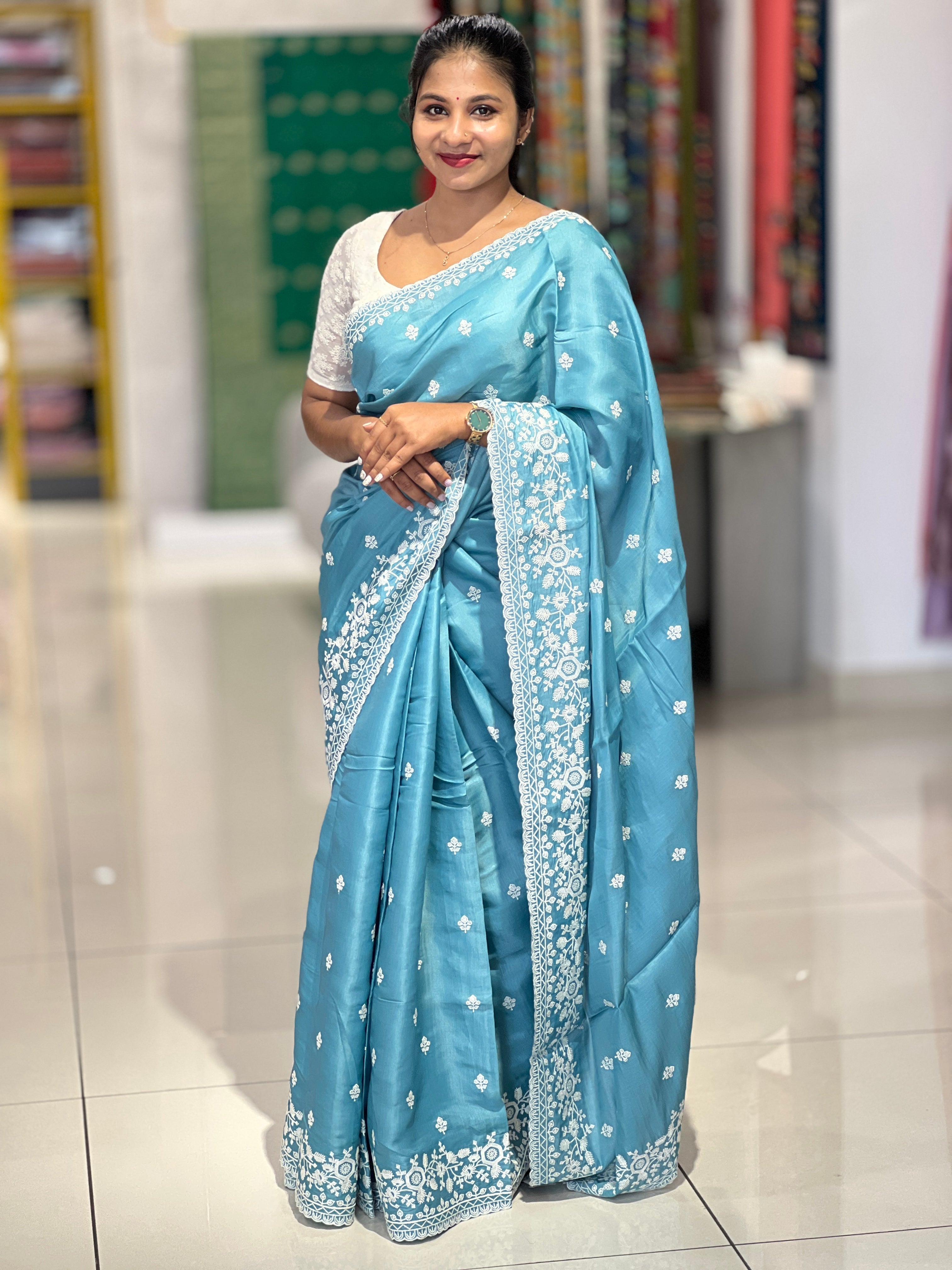 Point Embroidery Detailed Tussar Finish Saree | SUN341