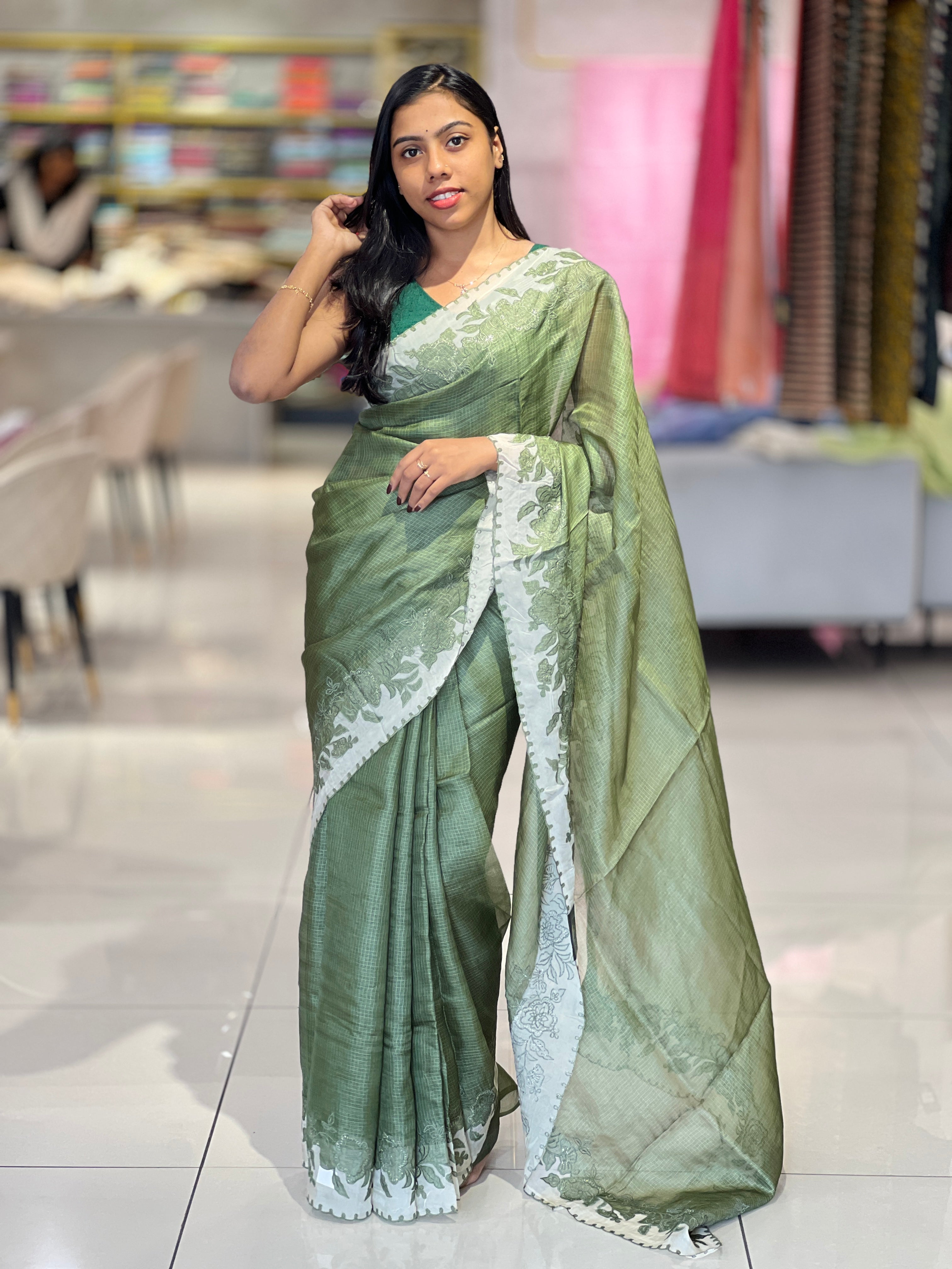 Machine Embroidery Detailed Silky Kota Saree | SBS1377