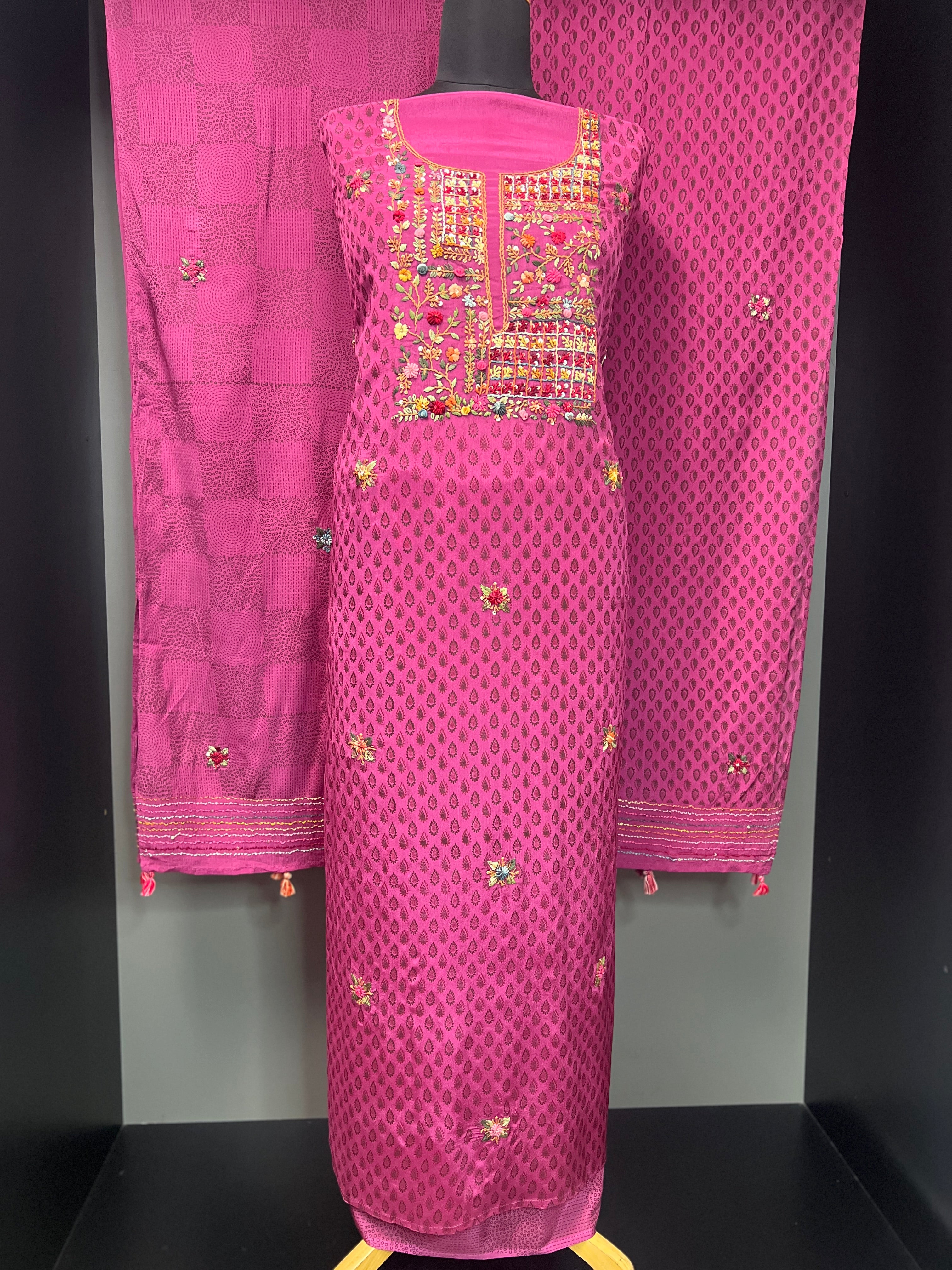 Hand Embroidery With Block Printed Chinon Salwar Set | JVR112