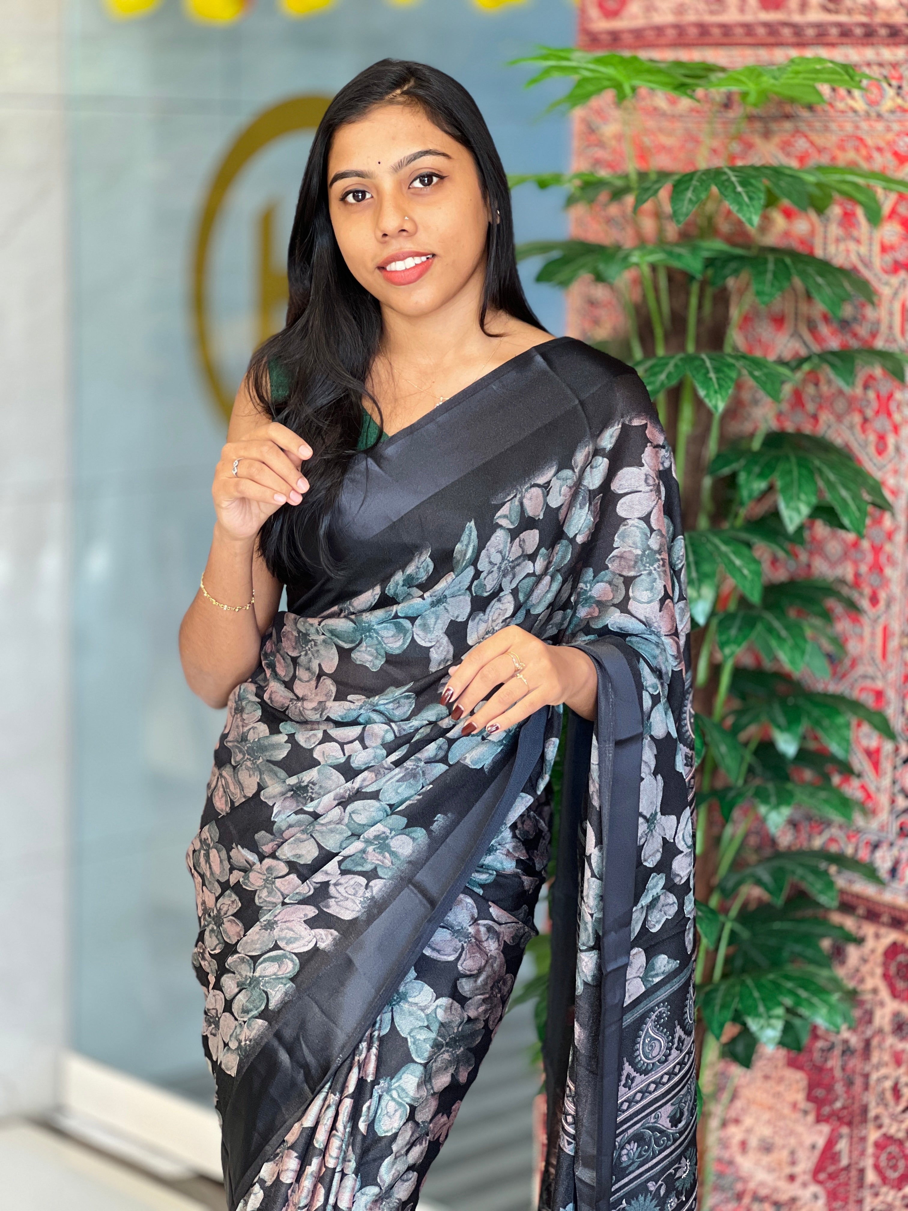 Floral Printed Blended Jute Saree | RMP106