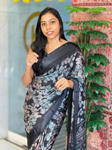 Floral Printed Blended Jute Saree | RMP106