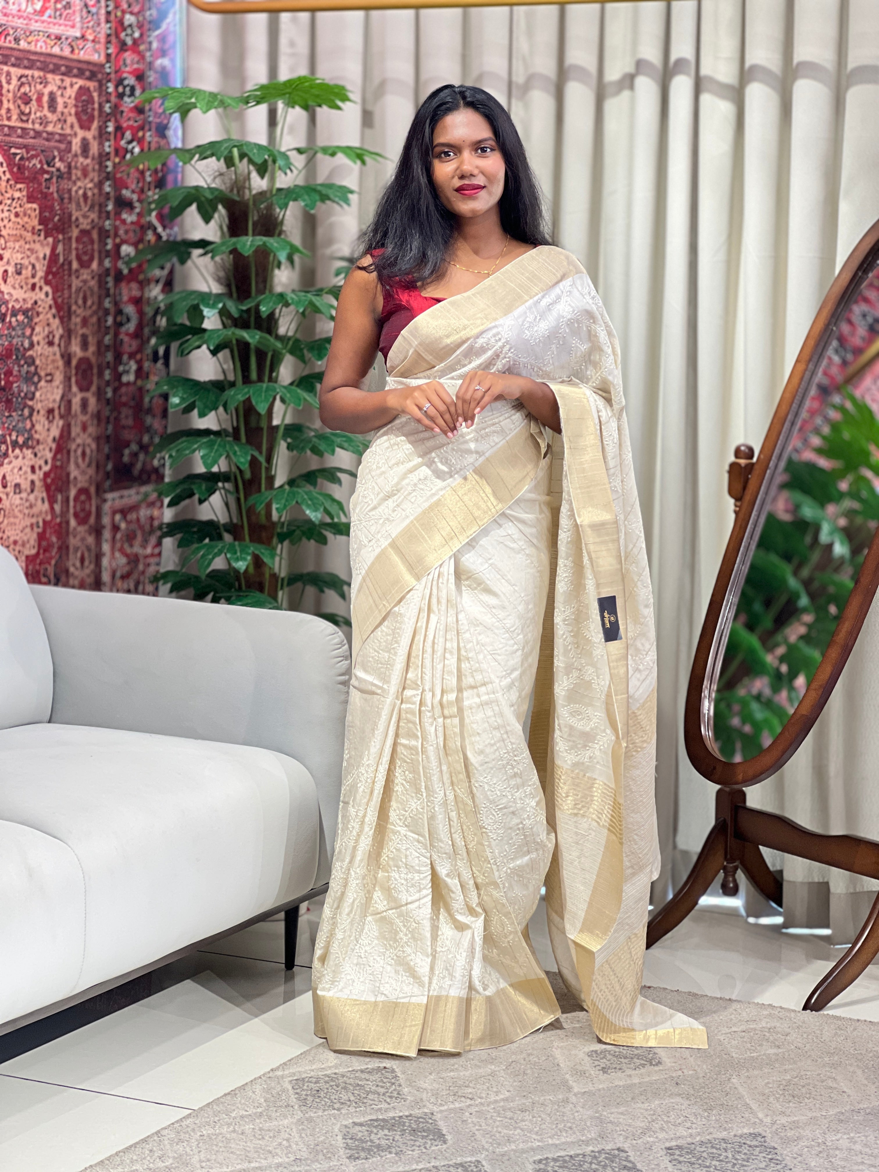 Machine Embroidery Detailed Semi Tussar Saree | GAR155