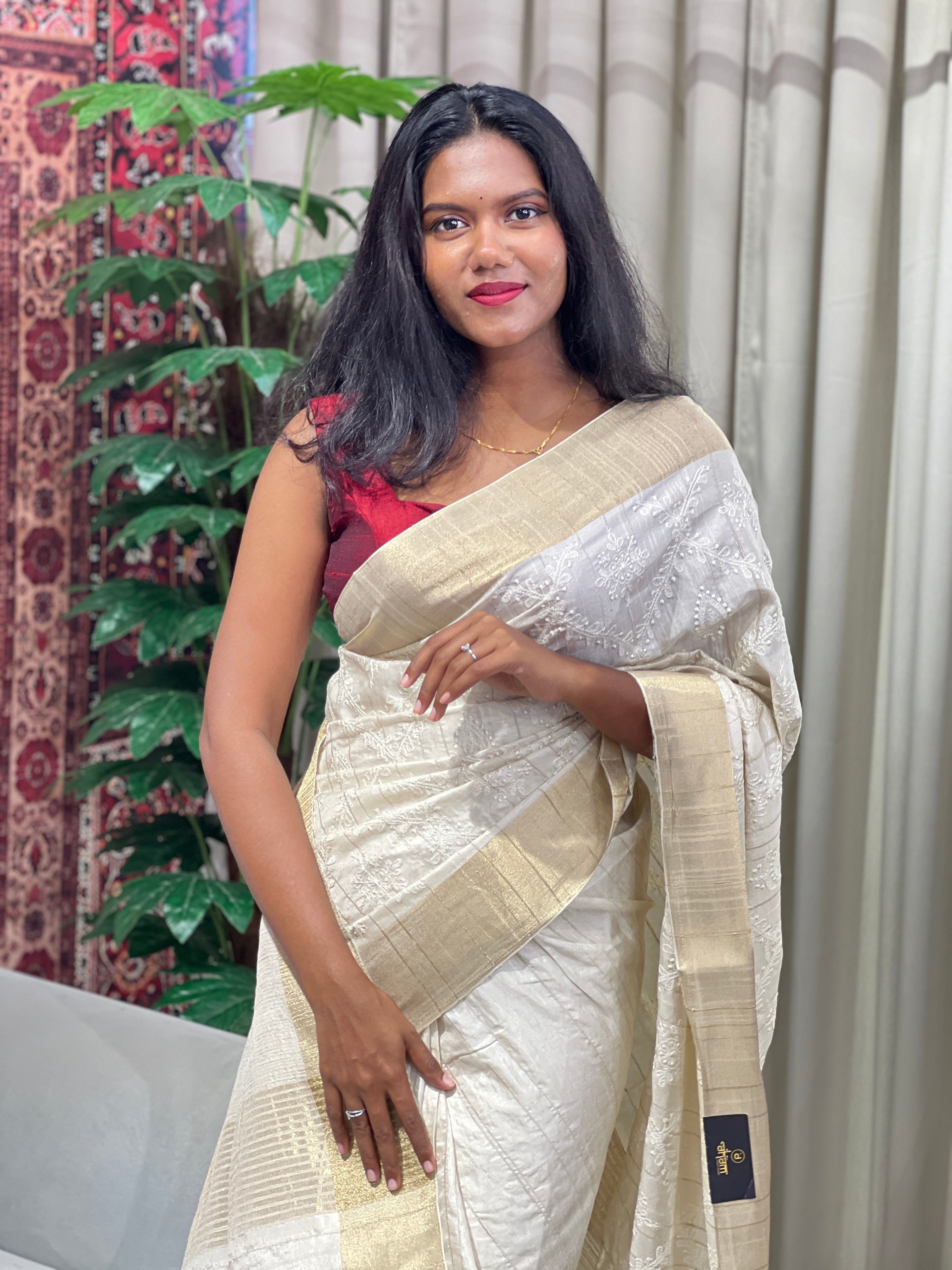 Machine Embroidery Detailed Semi Tussar Saree | GAR155