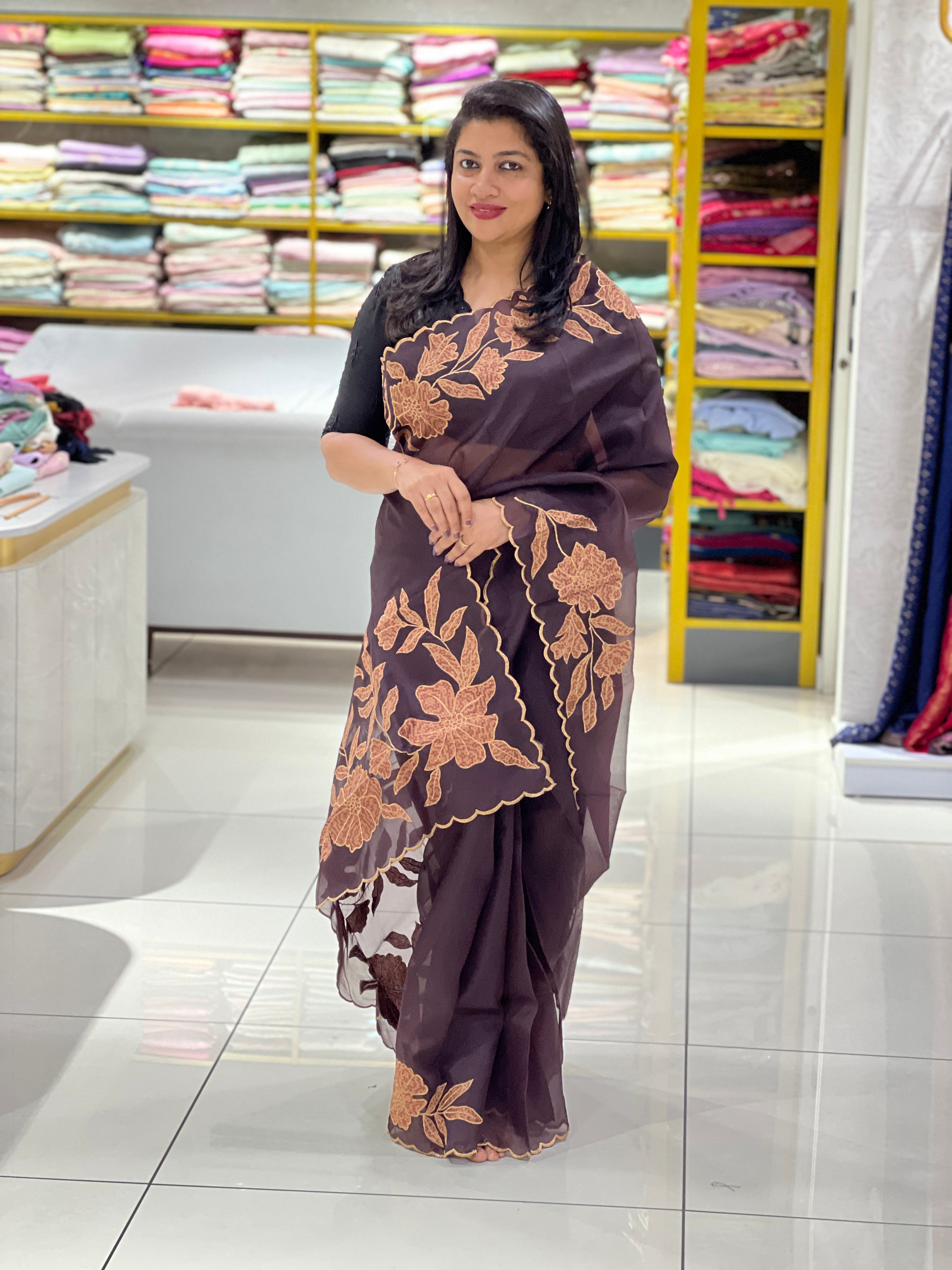 Antique Floral Applique Work Organza Saree ||JSC677