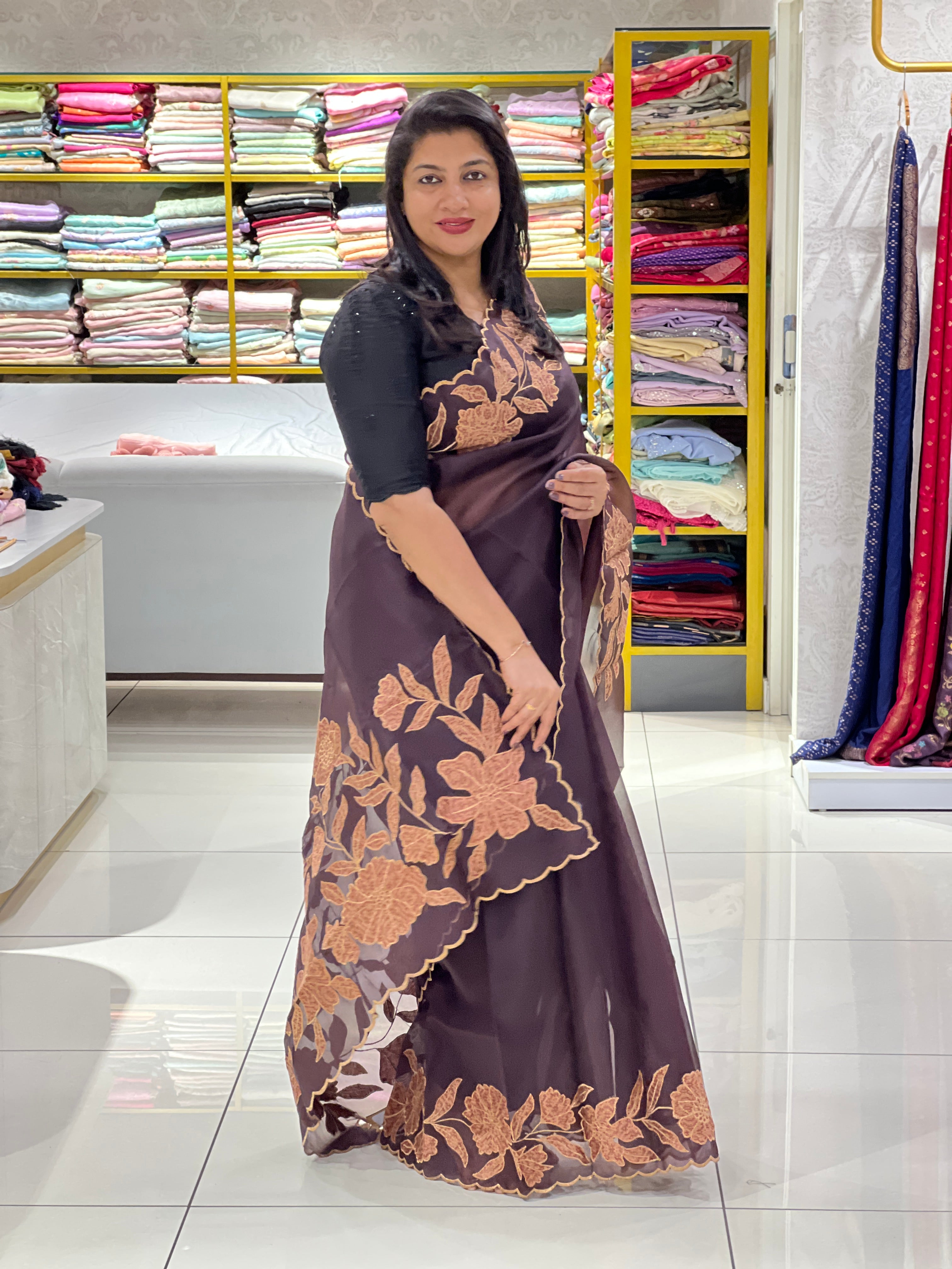 Antique Floral Applique Work Organza Saree ||JSC677