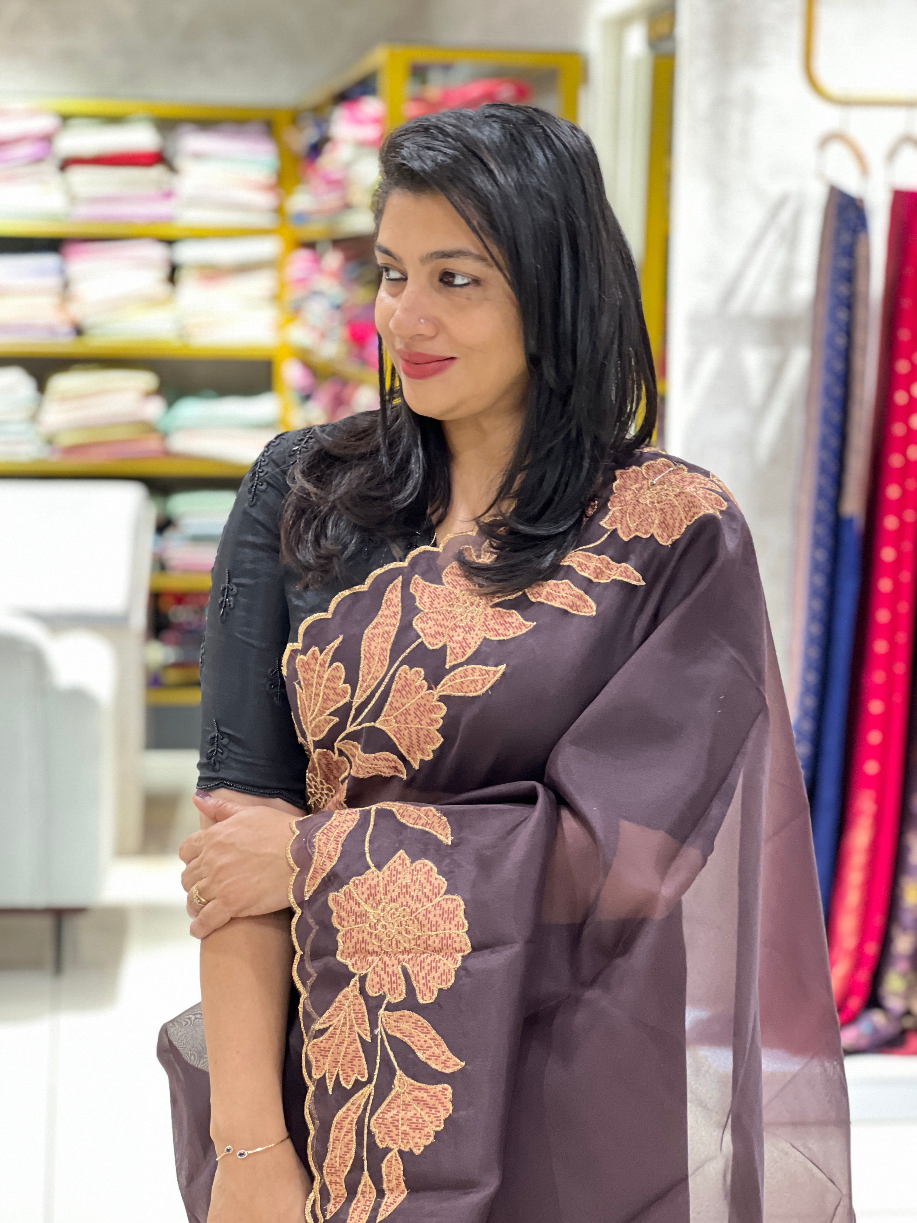 Antique Floral Applique Work Organza Saree ||JSC677