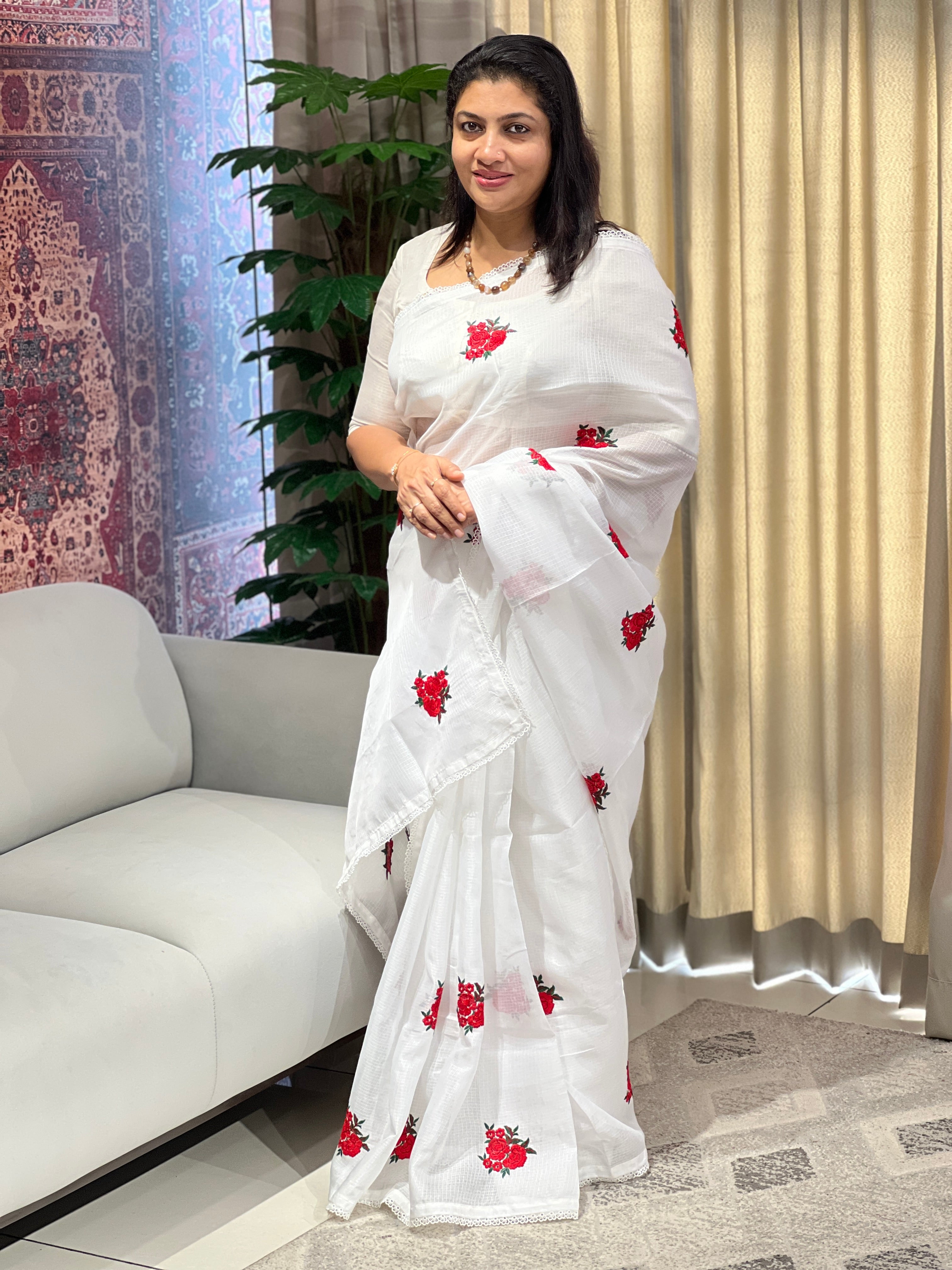 Floral Embroidery Detailed Silky Kota Saree | HT303