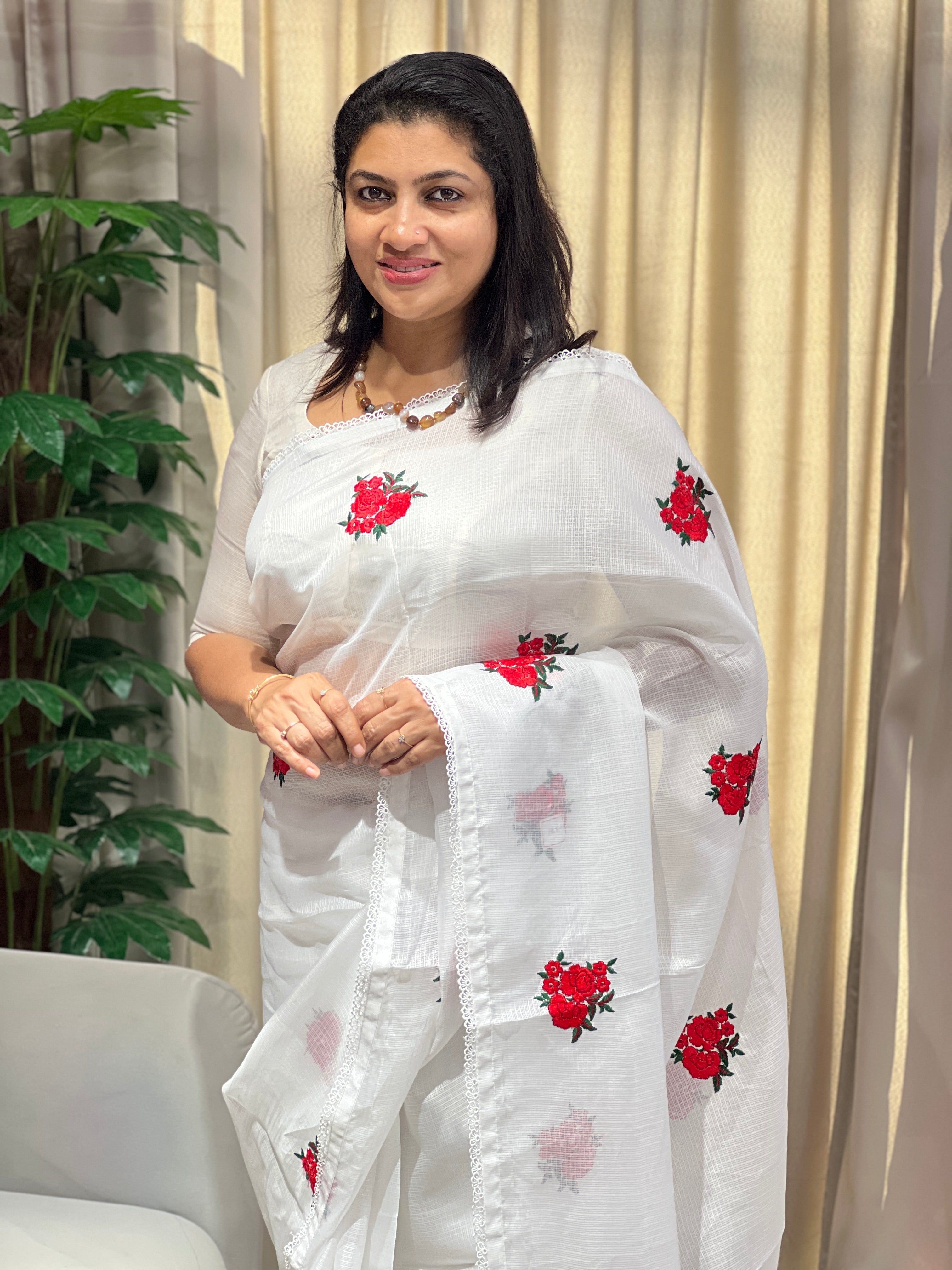 Floral Embroidery Detailed Silky Kota Saree | HT303