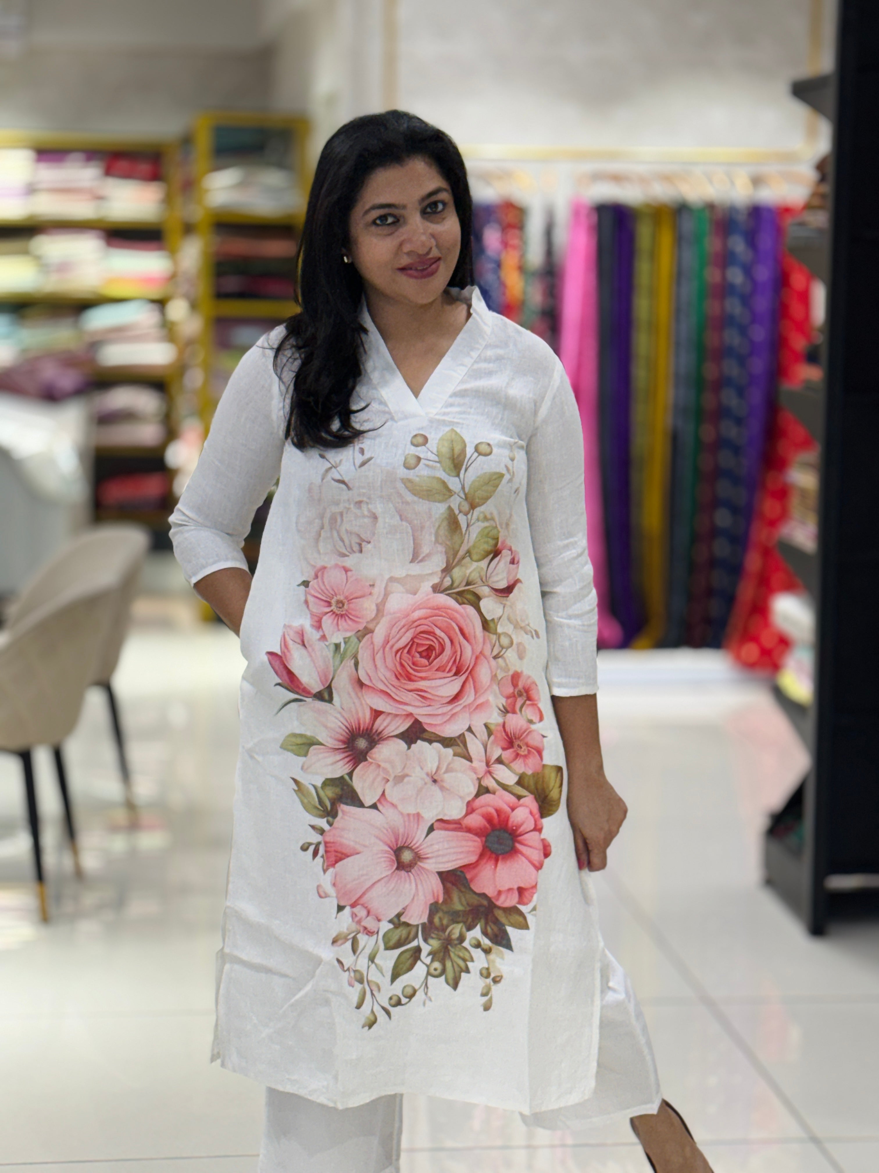 Floral Printed Pure Linen Kurta | RAG125