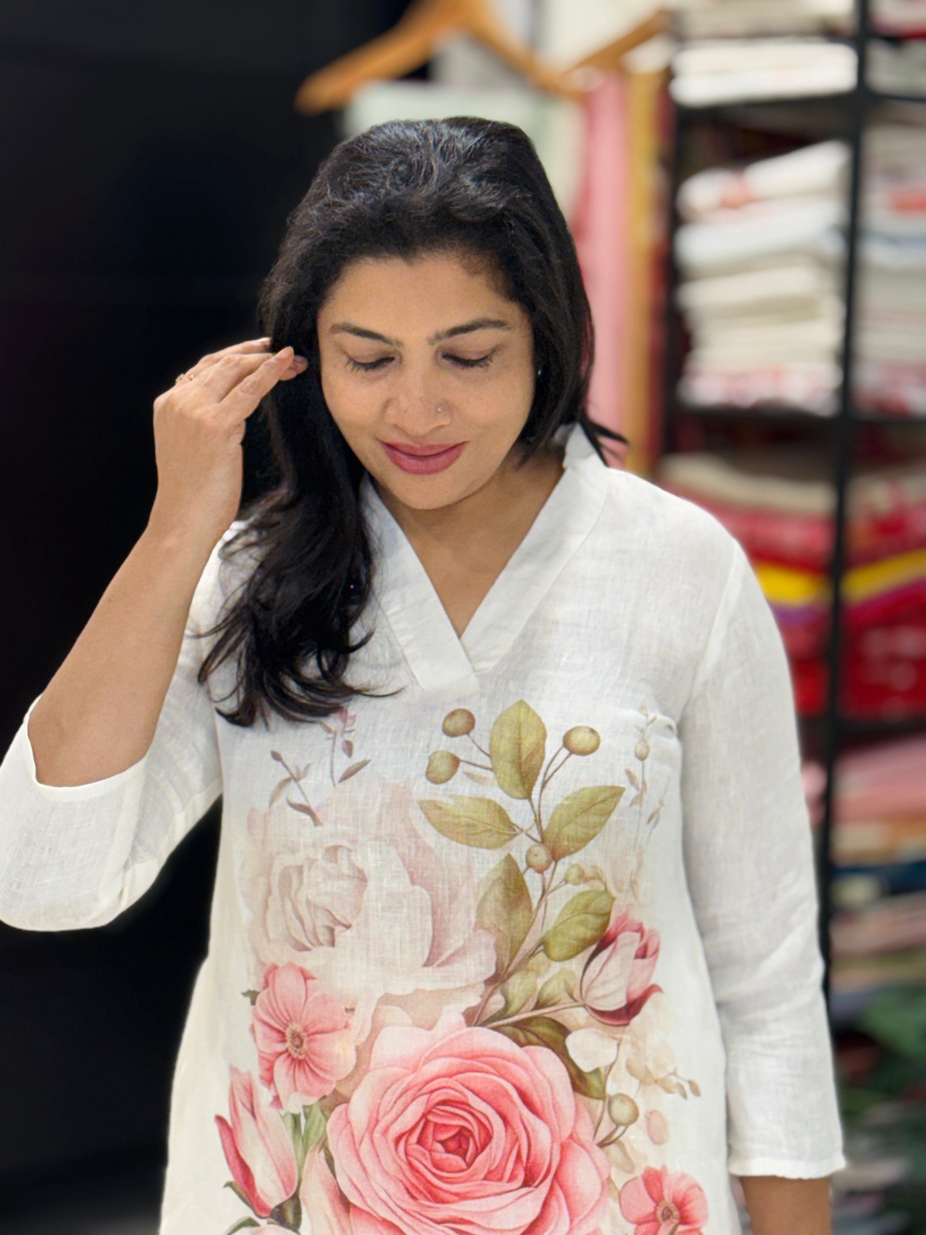 Floral Printed Pure Linen Kurta | RAG125