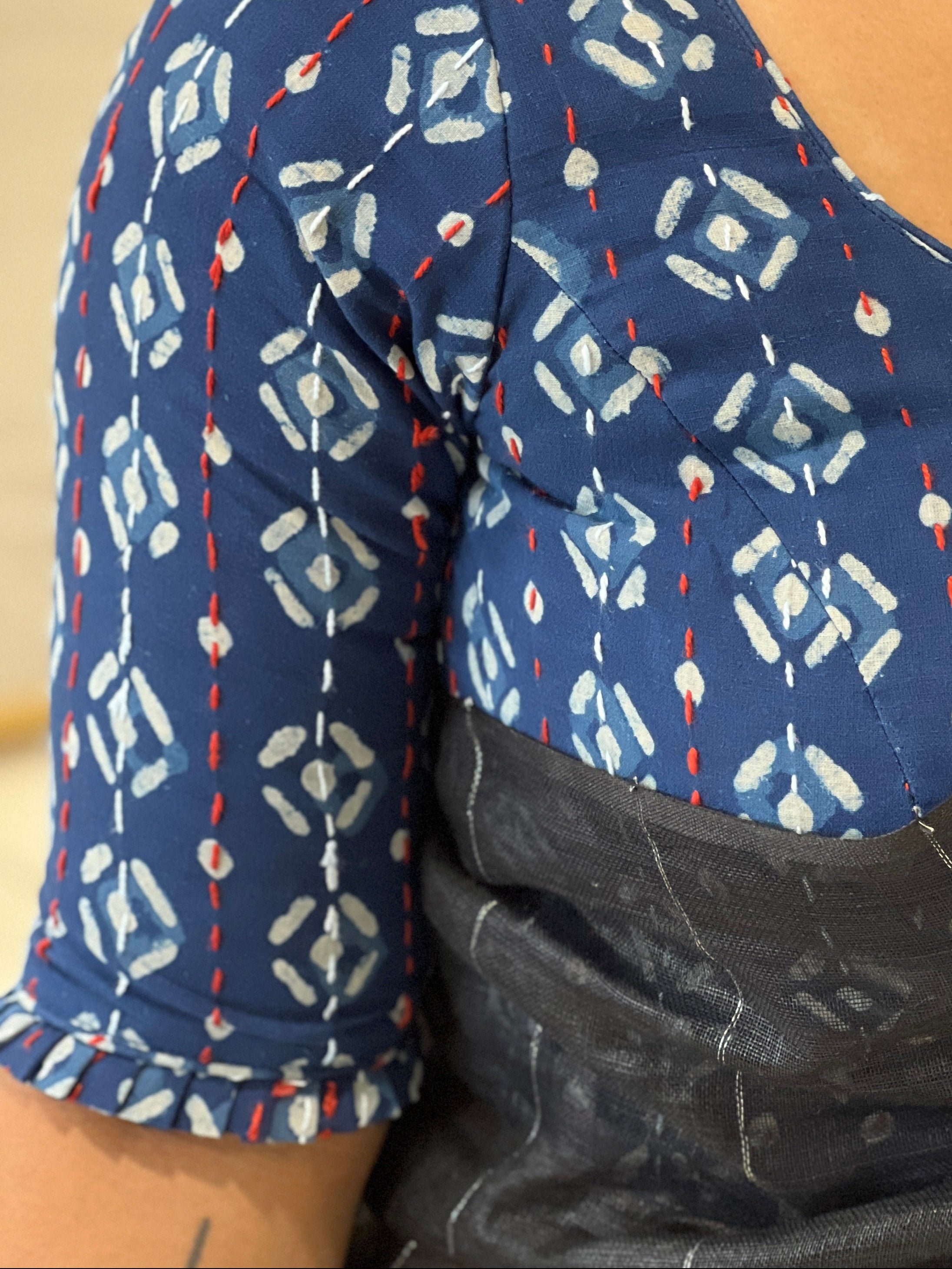 Block Print With Kantha Detailed Cotton Stitched Blouse | IT140