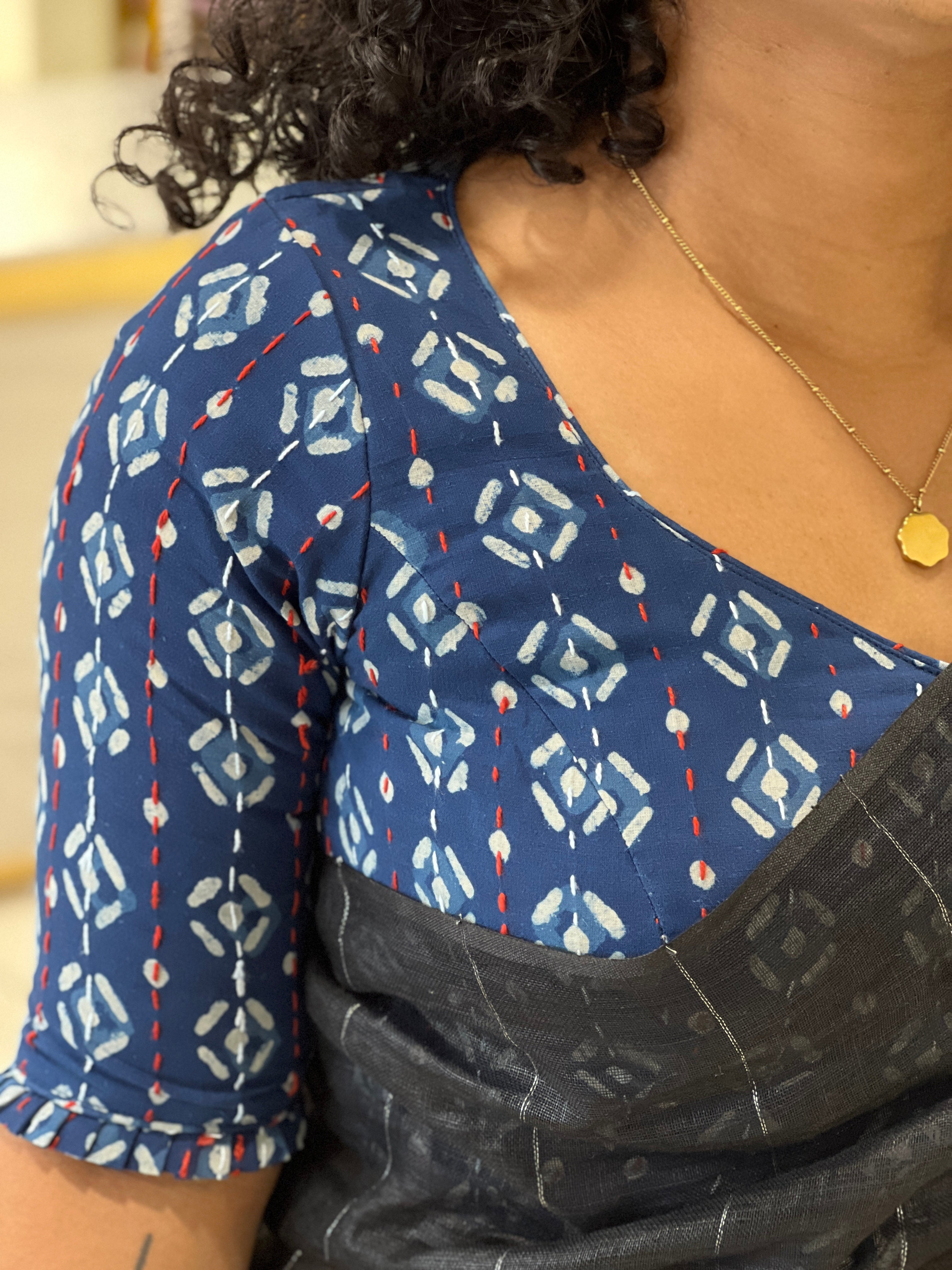 Block Print With Kantha Detailed Cotton Stitched Blouse | IT140
