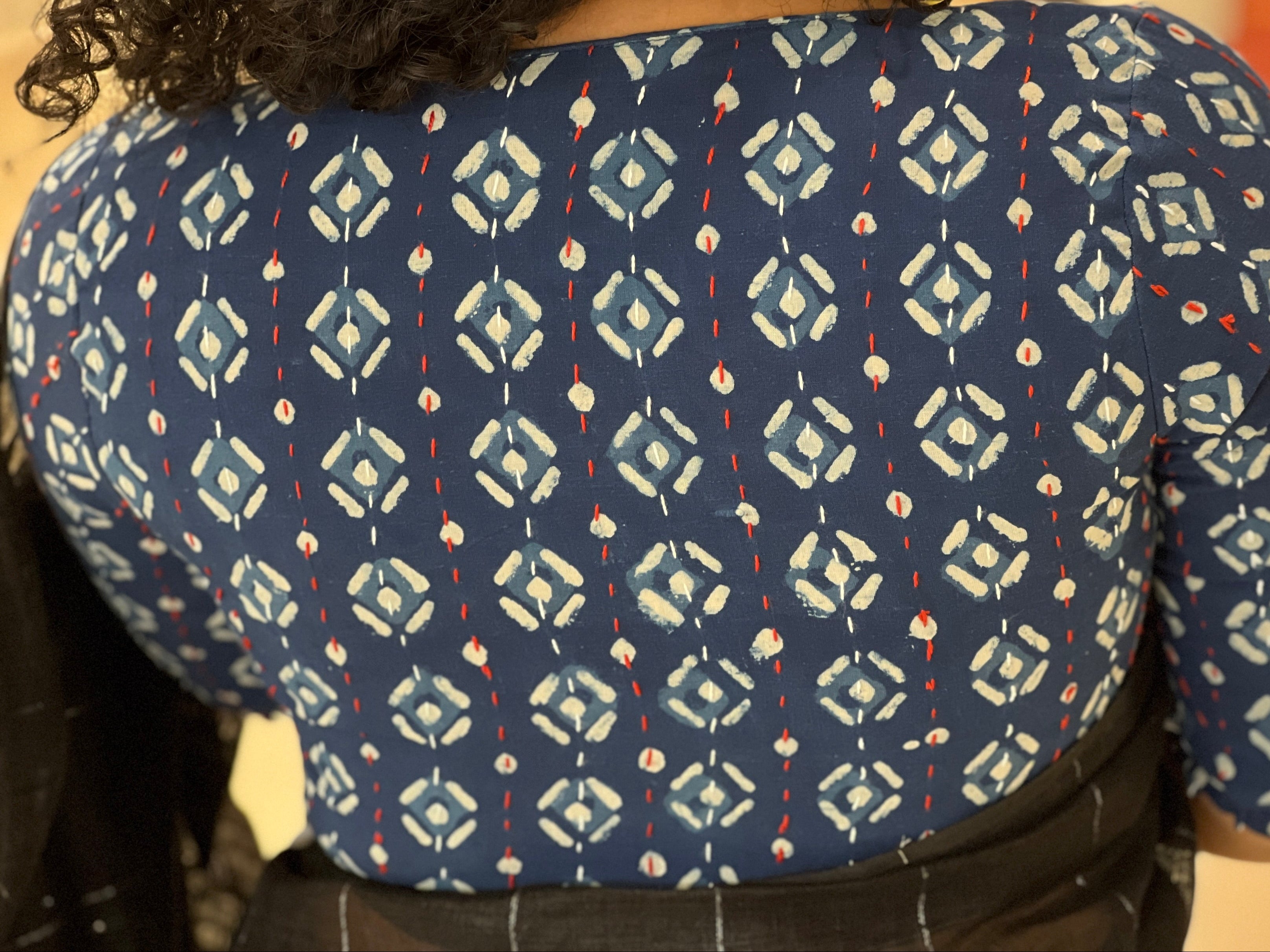 Block Print With Kantha Detailed Cotton Stitched Blouse | IT140