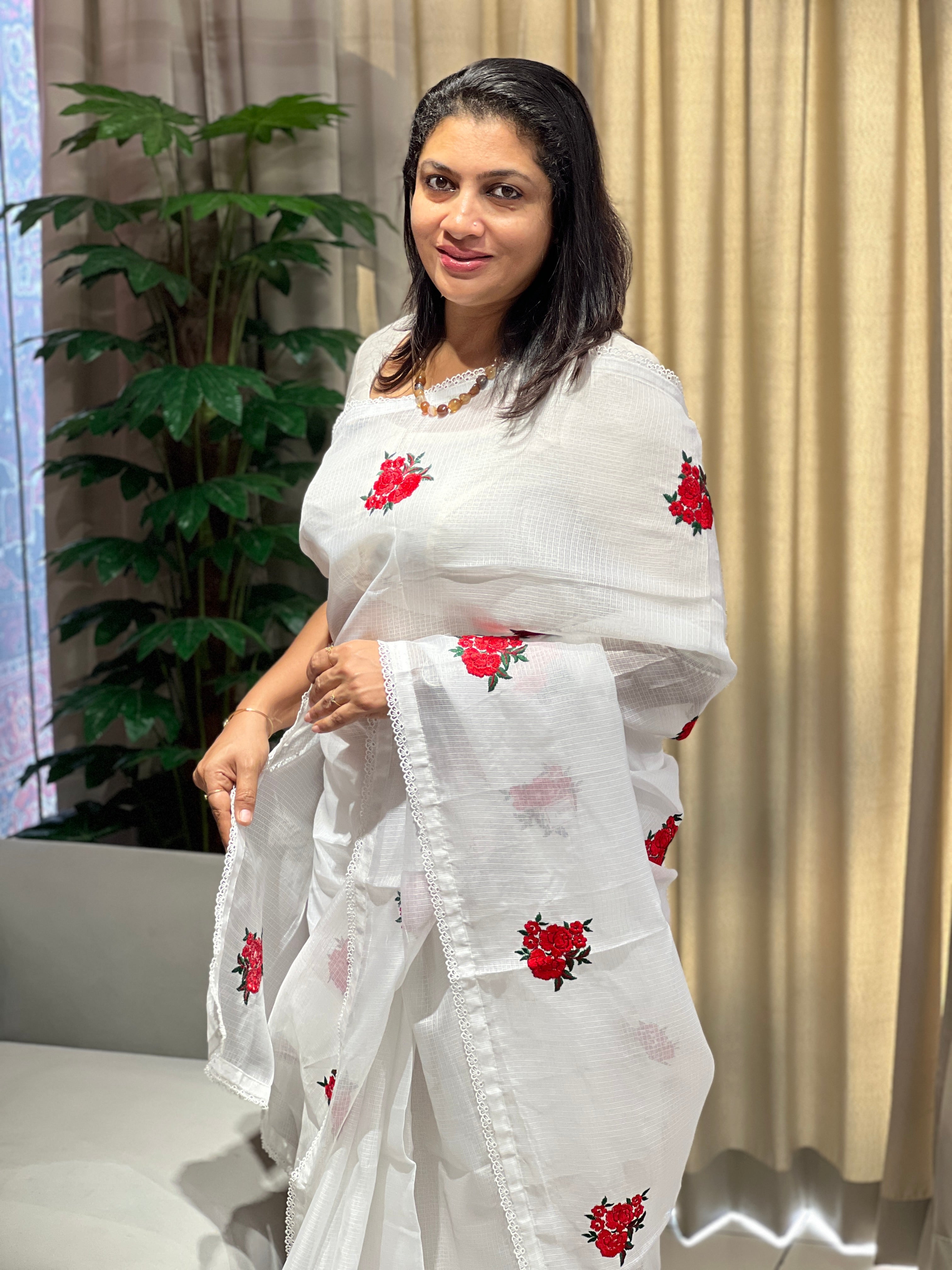 Floral Embroidery Detailed Silky Kota Saree | HT303