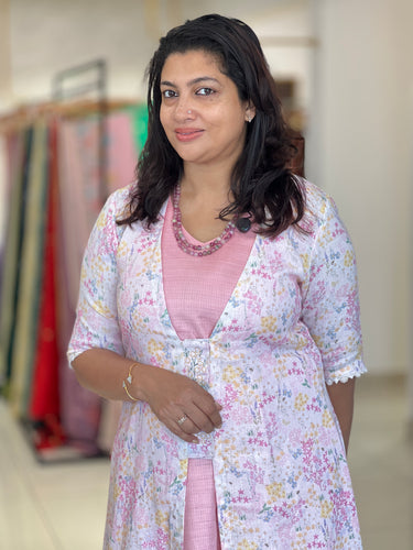 Floral Printed Linen Jacket With Semi Tussar Inner Slip (Unstitched) | DN598