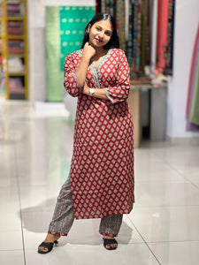 Block Print With Embroidery Highlighted Cotton Kurta Top & Bottom Set | OS470