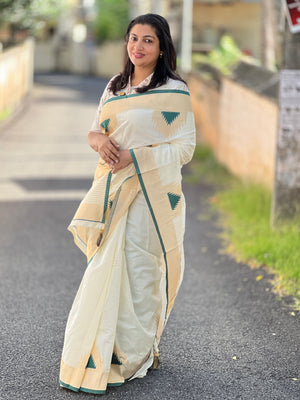 Kasavu & Kara Weaved Temple Patterned Chanderi Finish Saree | HT268